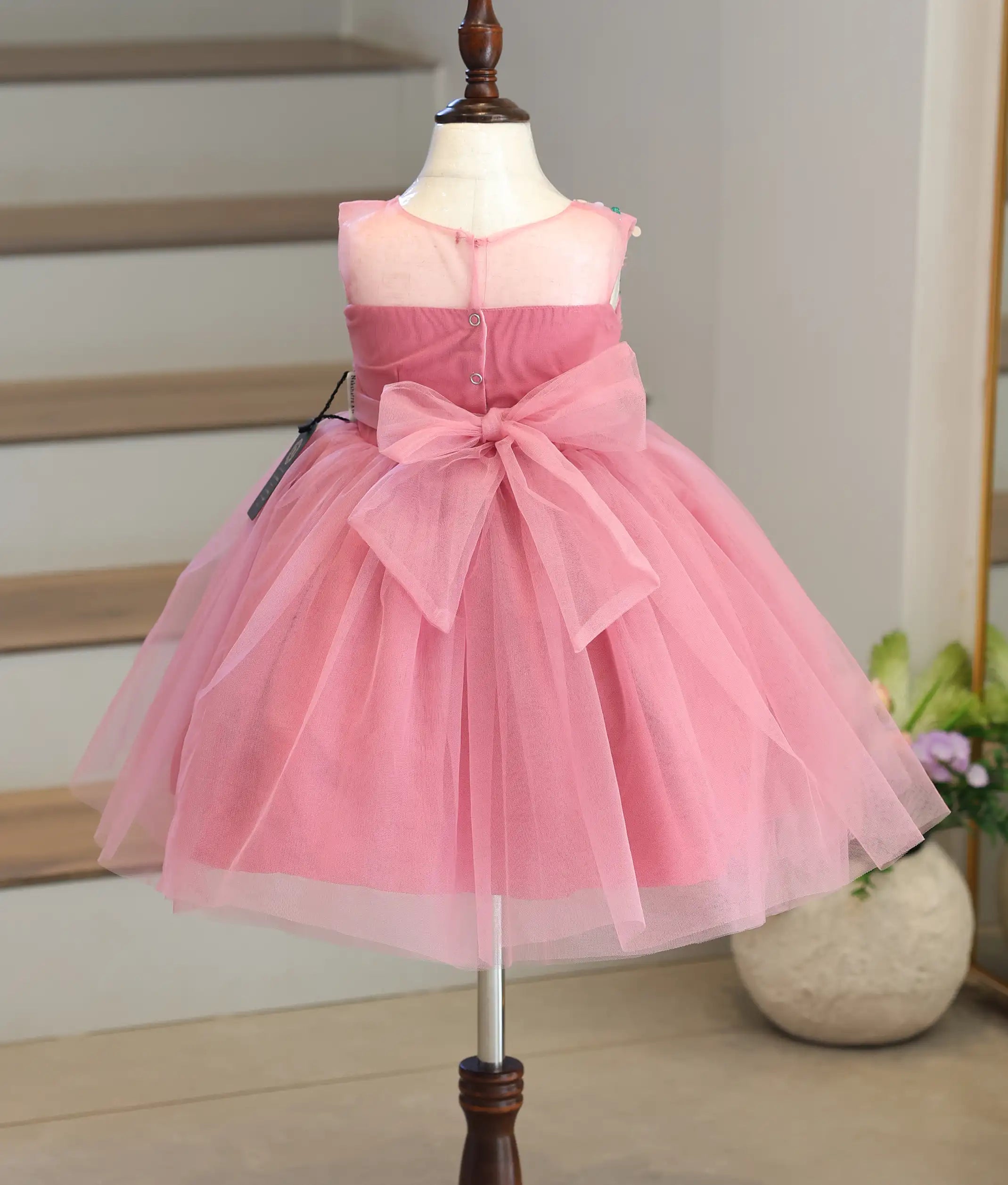 Onion Pink Tulle Net Handworked Birthday Frock for Baby Girl [6122]