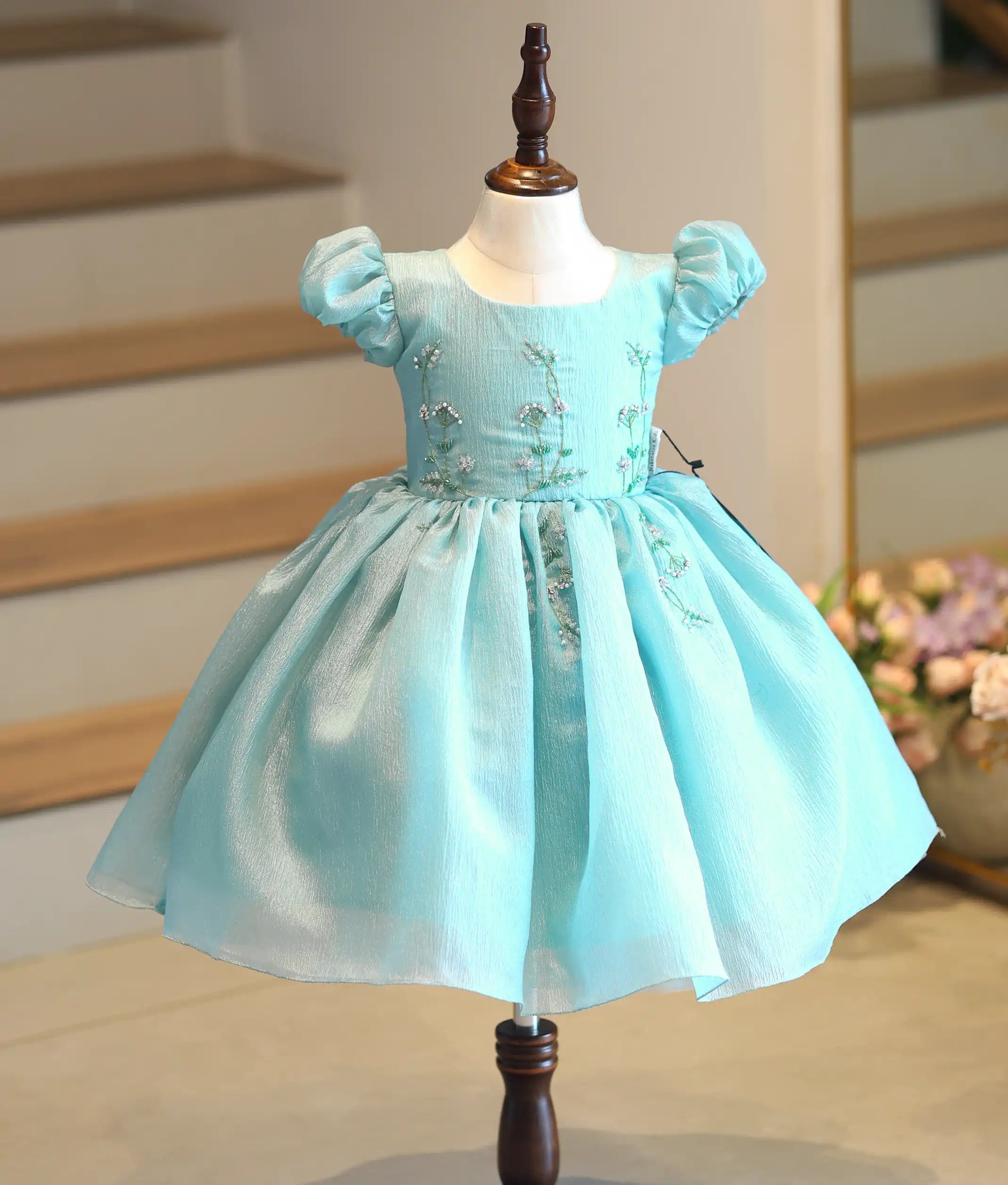 Pastel Green Crush Organza Hand worked Birthday Frock for Baby Girl [6130]