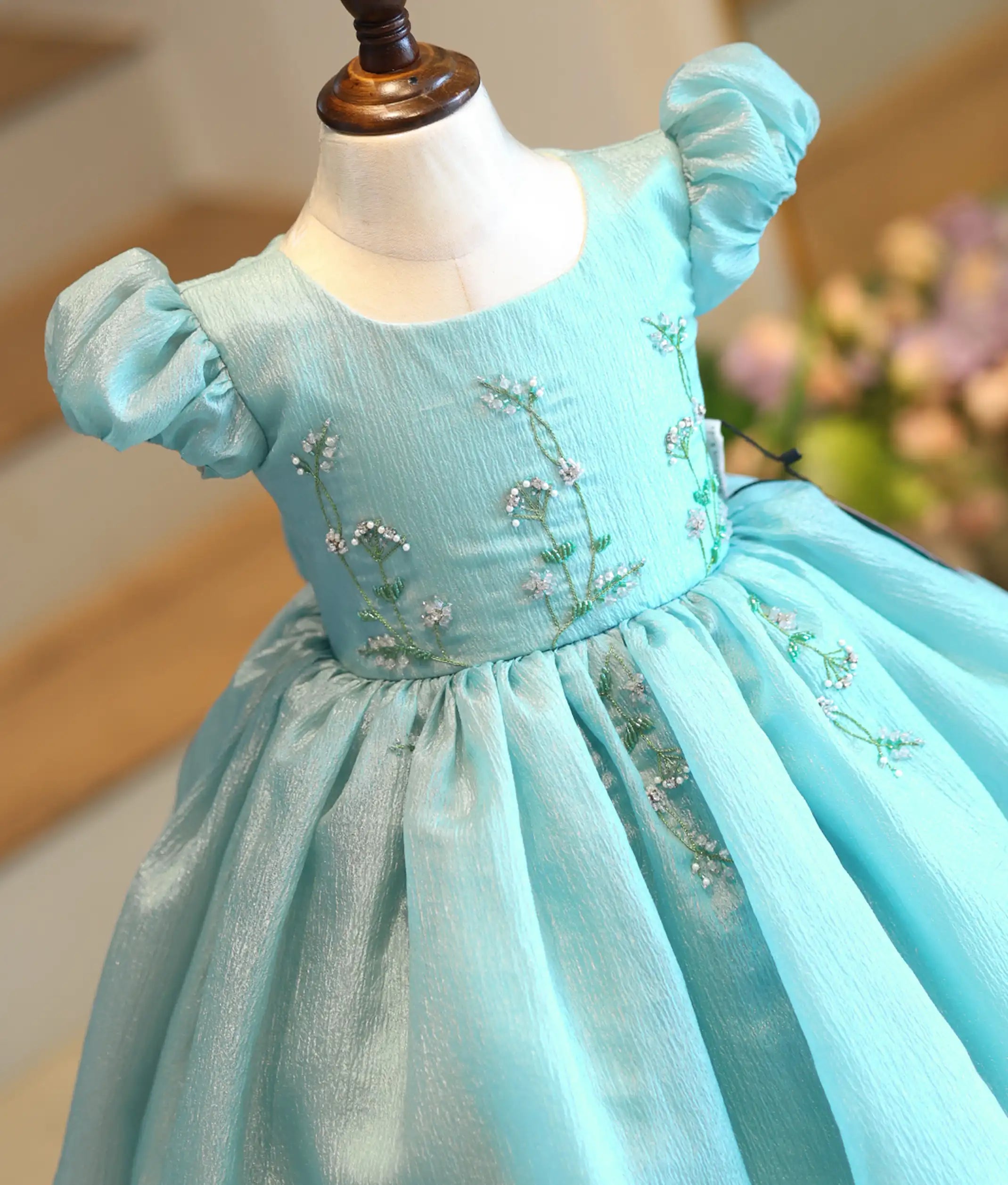 Pastel Green Crush Organza Hand worked Birthday Frock for Baby Girl [6130]