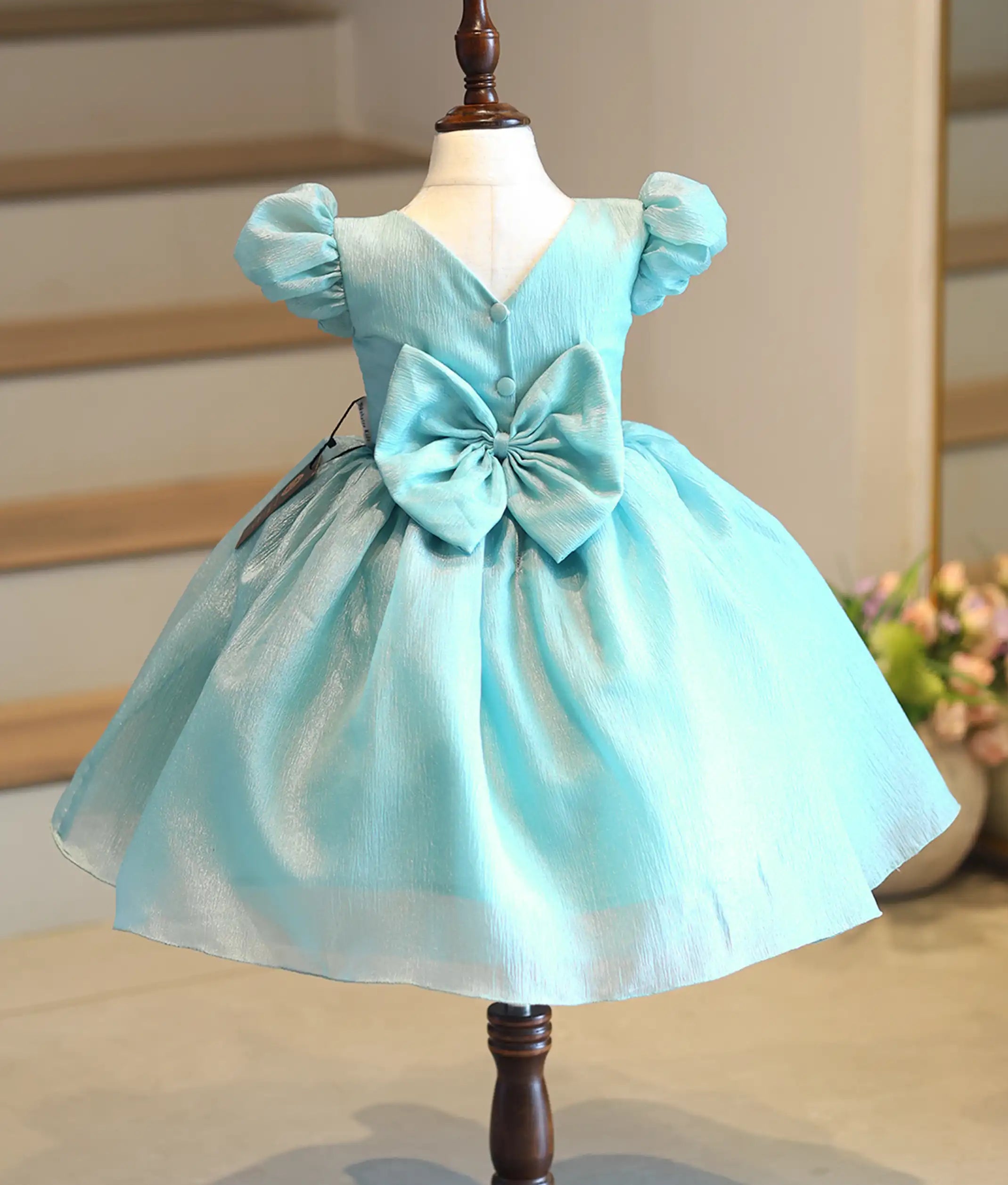 Pastel Green Crush Organza Hand worked Birthday Frock for Baby Girl [6130]
