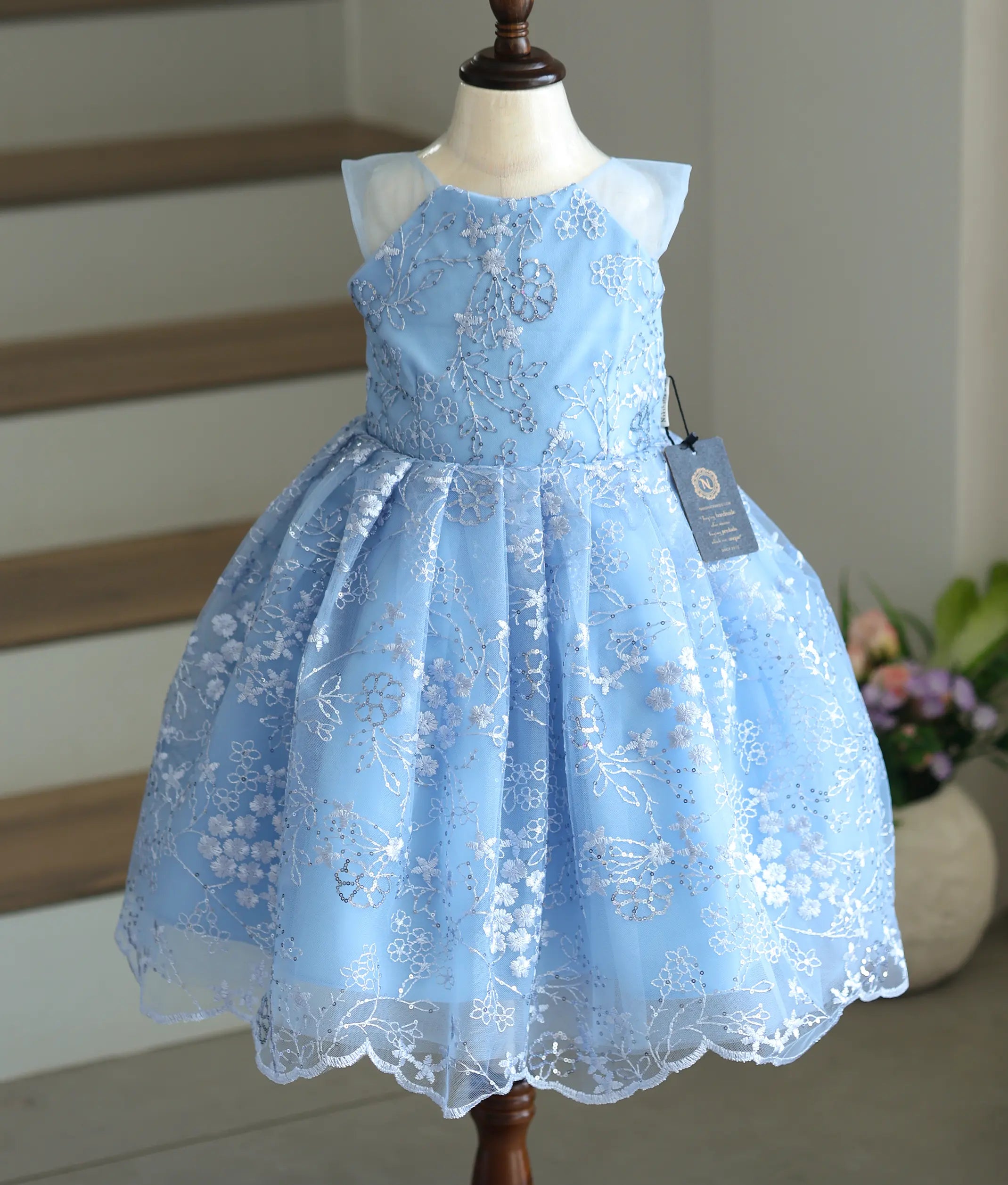 Blue Floral Work Material Birthday Frock For Baby Girl [Ready To Ship: 6132]