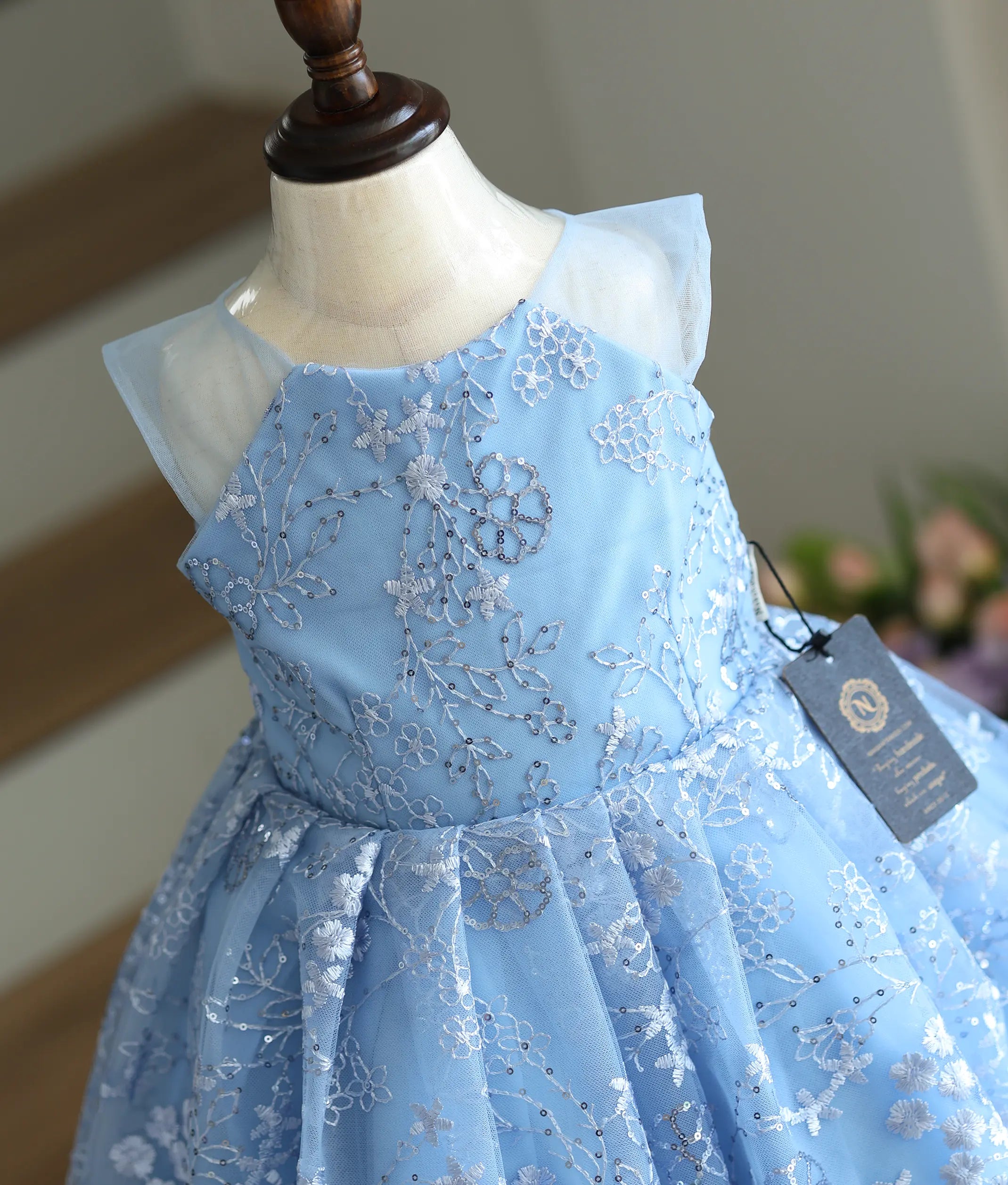 Blue Floral Work Material Birthday Frock For Baby Girl [Ready To Ship: 6132]