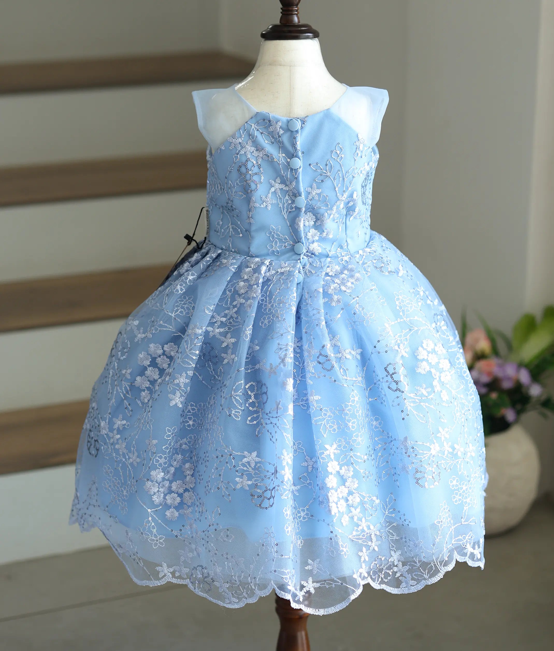 Blue Floral Work Material Birthday Frock For Baby Girl [Ready To Ship: 6132]