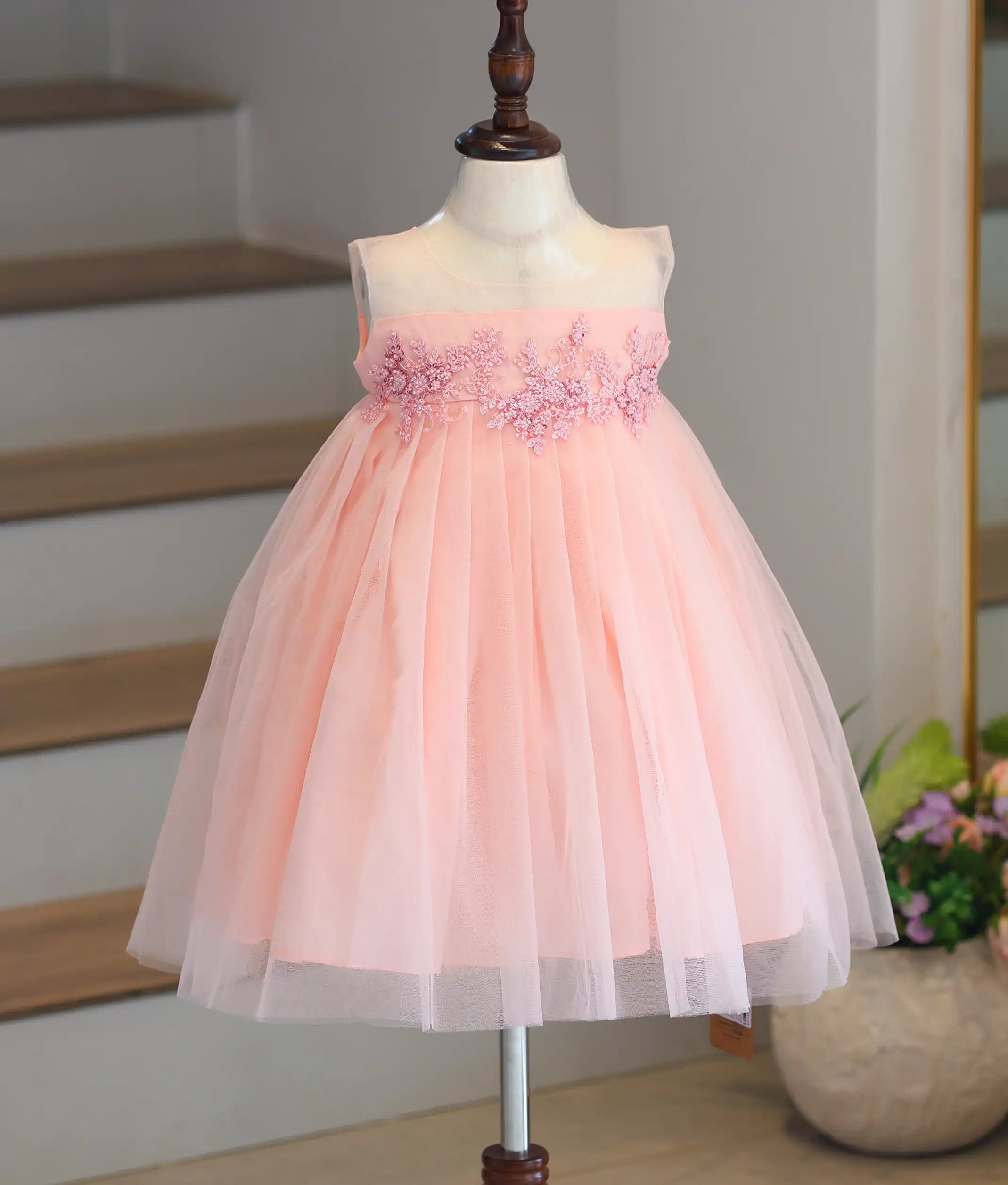 Powder Peach Tulle Net Applique Work Frock for Baby Girl [6145]