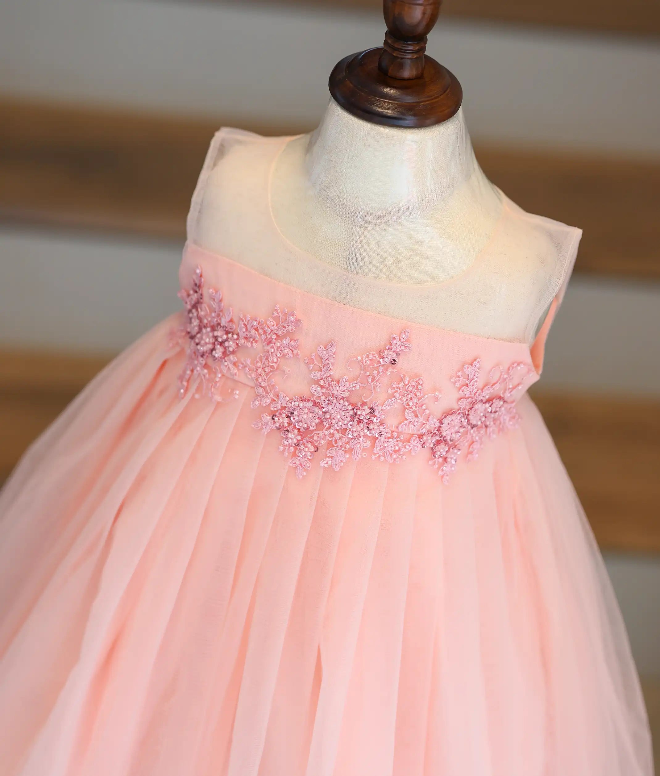 Powder Peach Tulle Net Applique Work Frock for Baby Girl [6145]