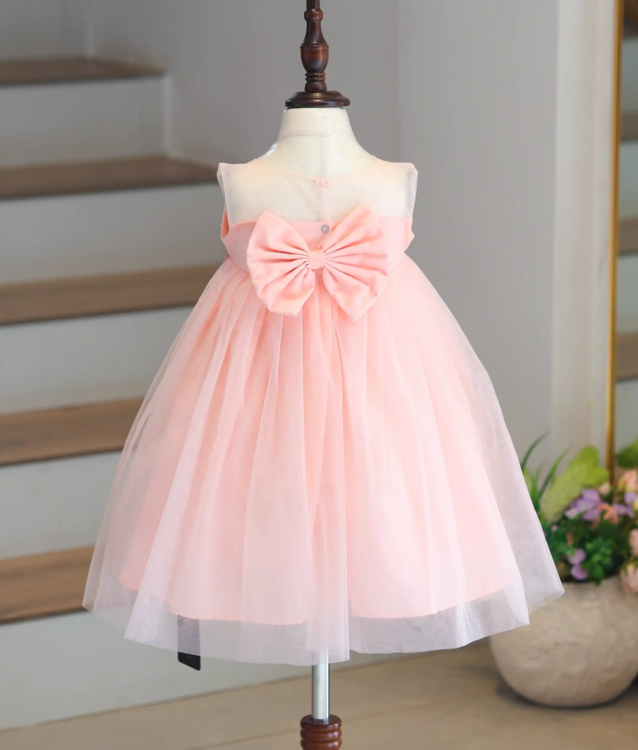 Powder Peach Tulle Net Applique Work Frock for Baby Girl [6145]