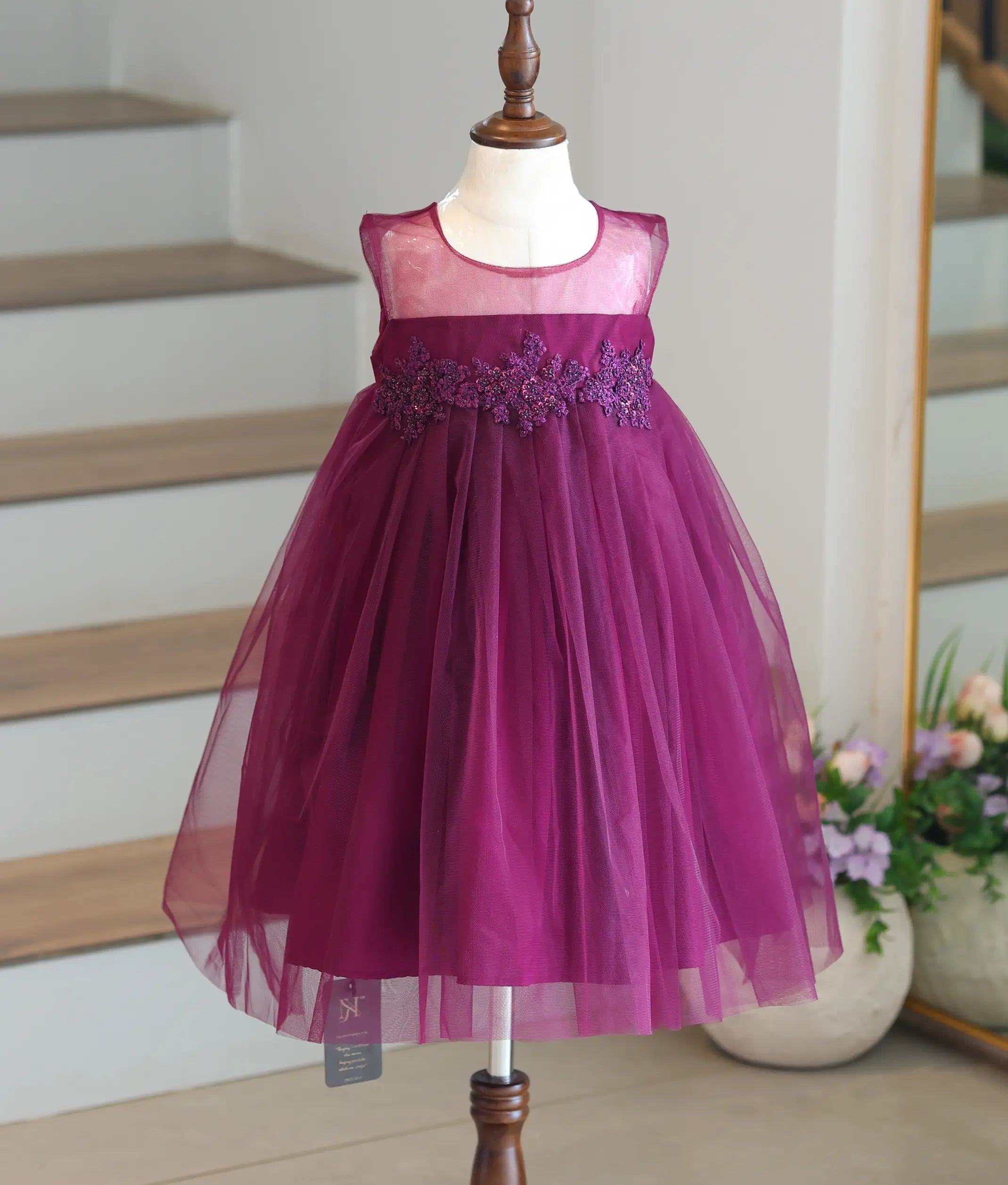 Grape Wine Tulle Net Applique Work Frock for Baby Girl [Ready To Ship: 6150]