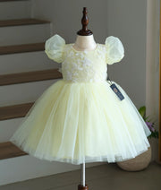 Pastel Yellow Floral Work Material Birthday Frock for Baby Girl [6155]