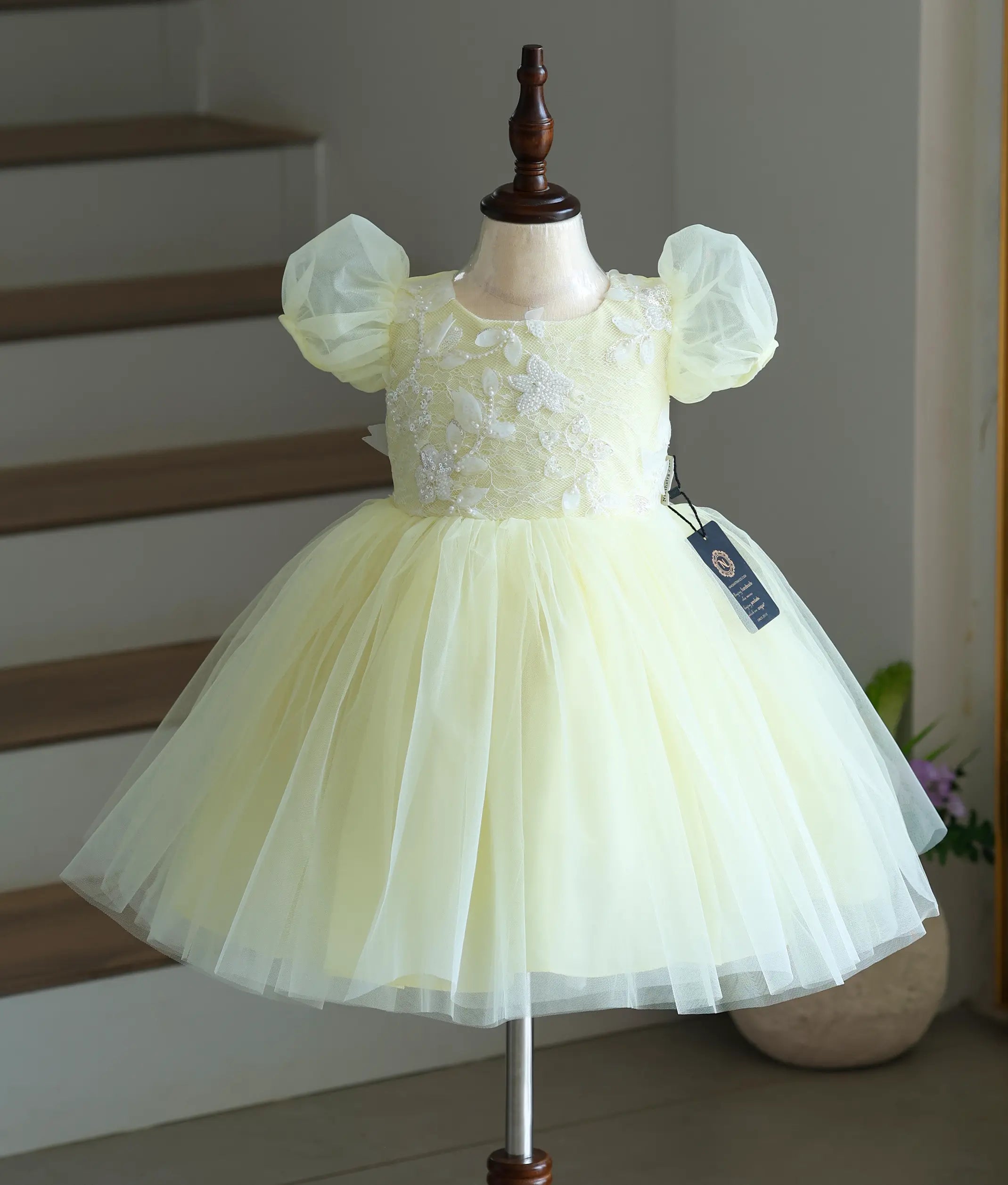 Pastel Yellow Floral Work Material Birthday Frock For Baby Girl [Ready To Ship: 6155]