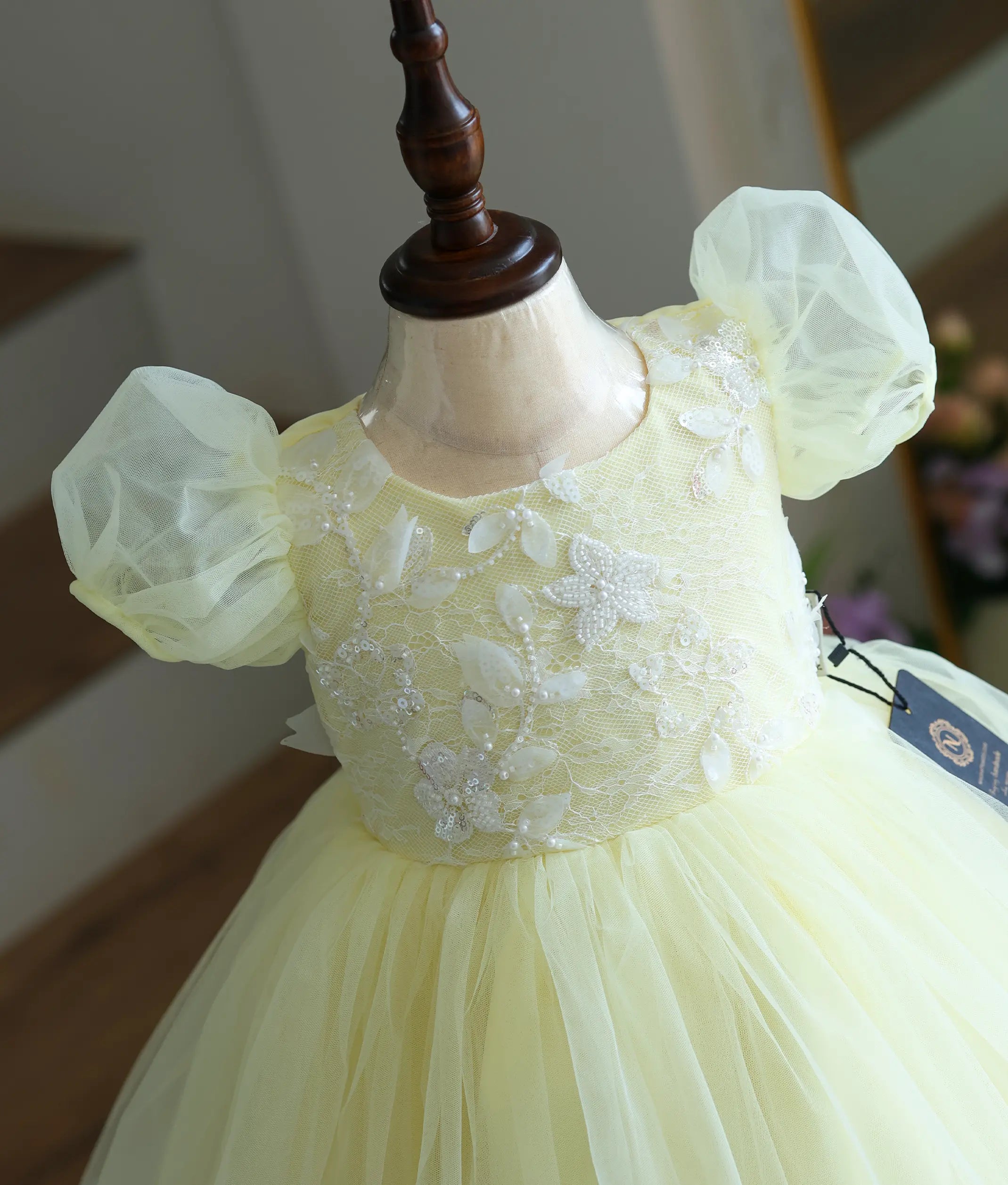 Pastel Yellow Floral Work Material Birthday Frock For Baby Girl [Ready To Ship: 6155]
