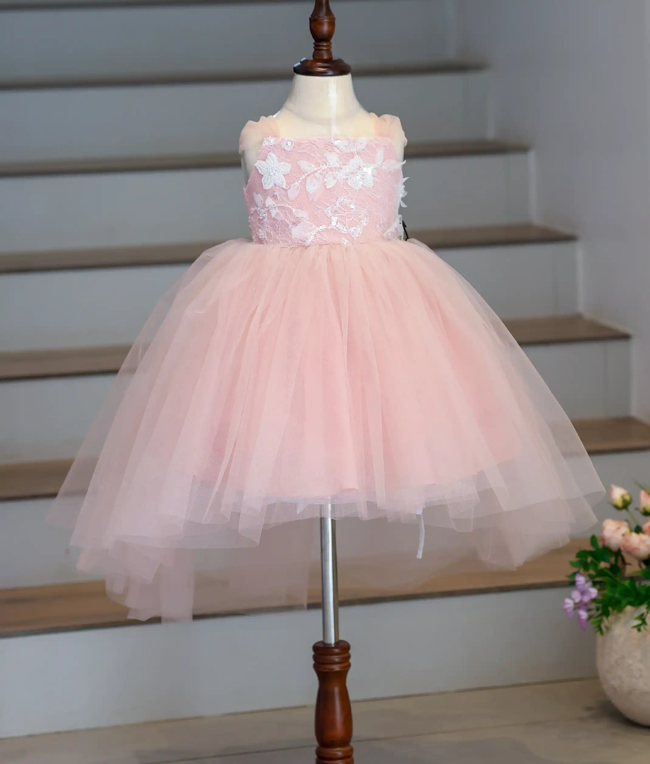 Pastel Pink Floral Work Material High-Low Birthday Frock For Baby Girl [Ready To Ship: 6156] (Copy)