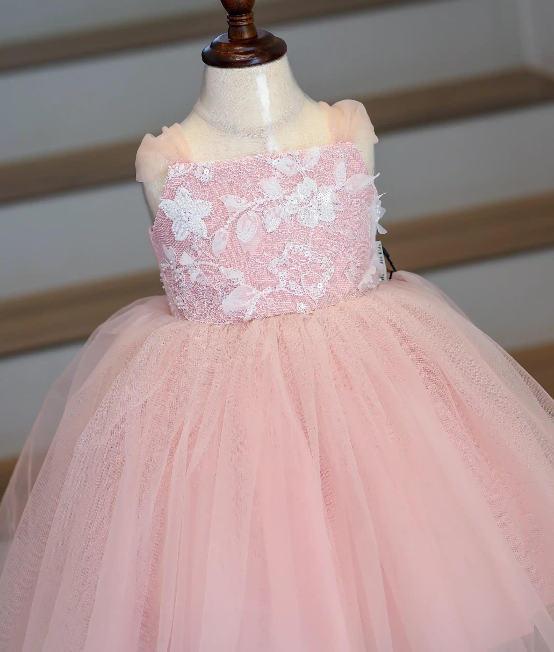 Pastel Pink Floral Work Material High-Low Birthday Frock For Baby Girl [Ready To Ship: 6156] (Copy)