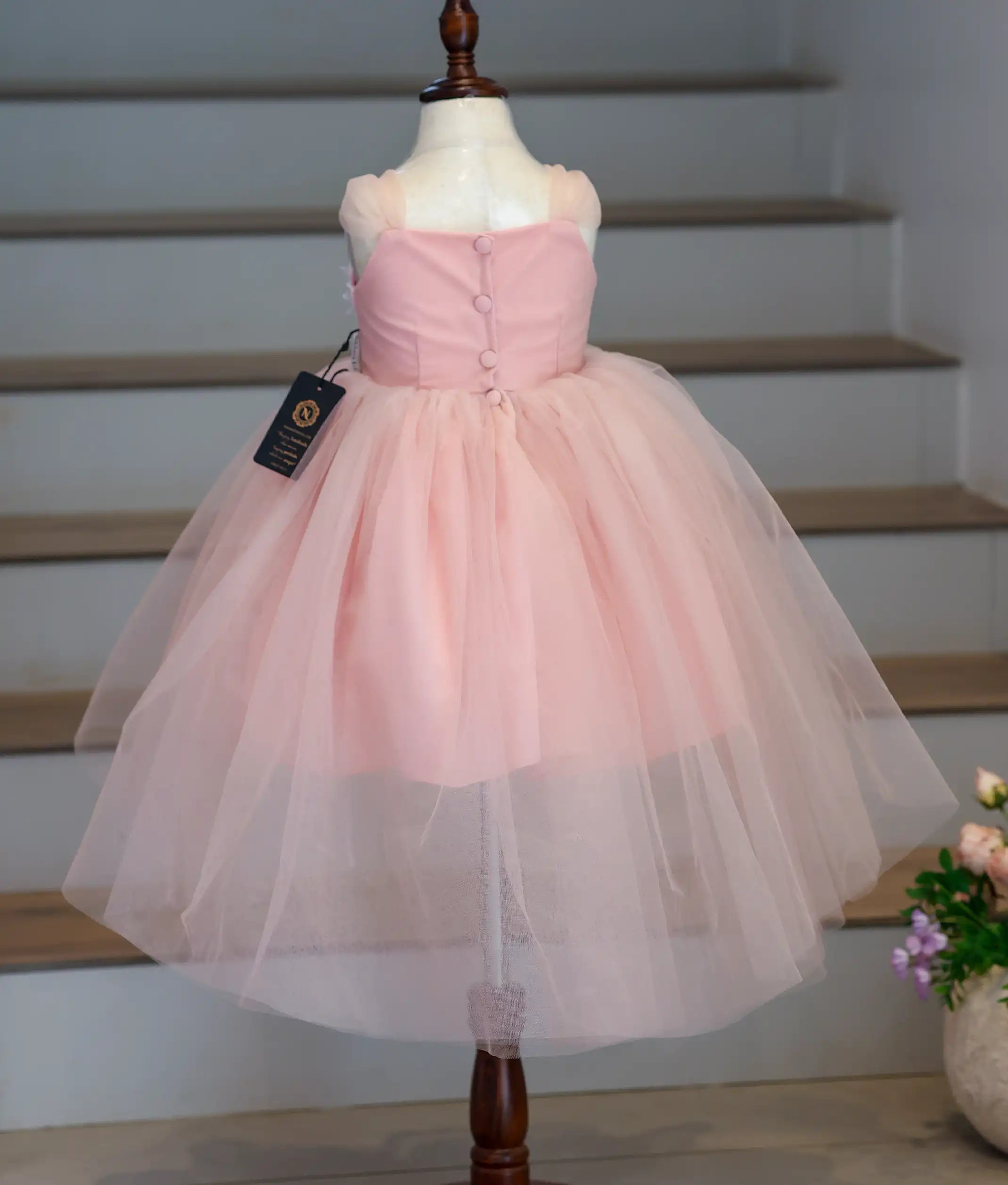 Pastel Pink Floral Work Material High-Low Birthday Frock For Baby Girl [6156]