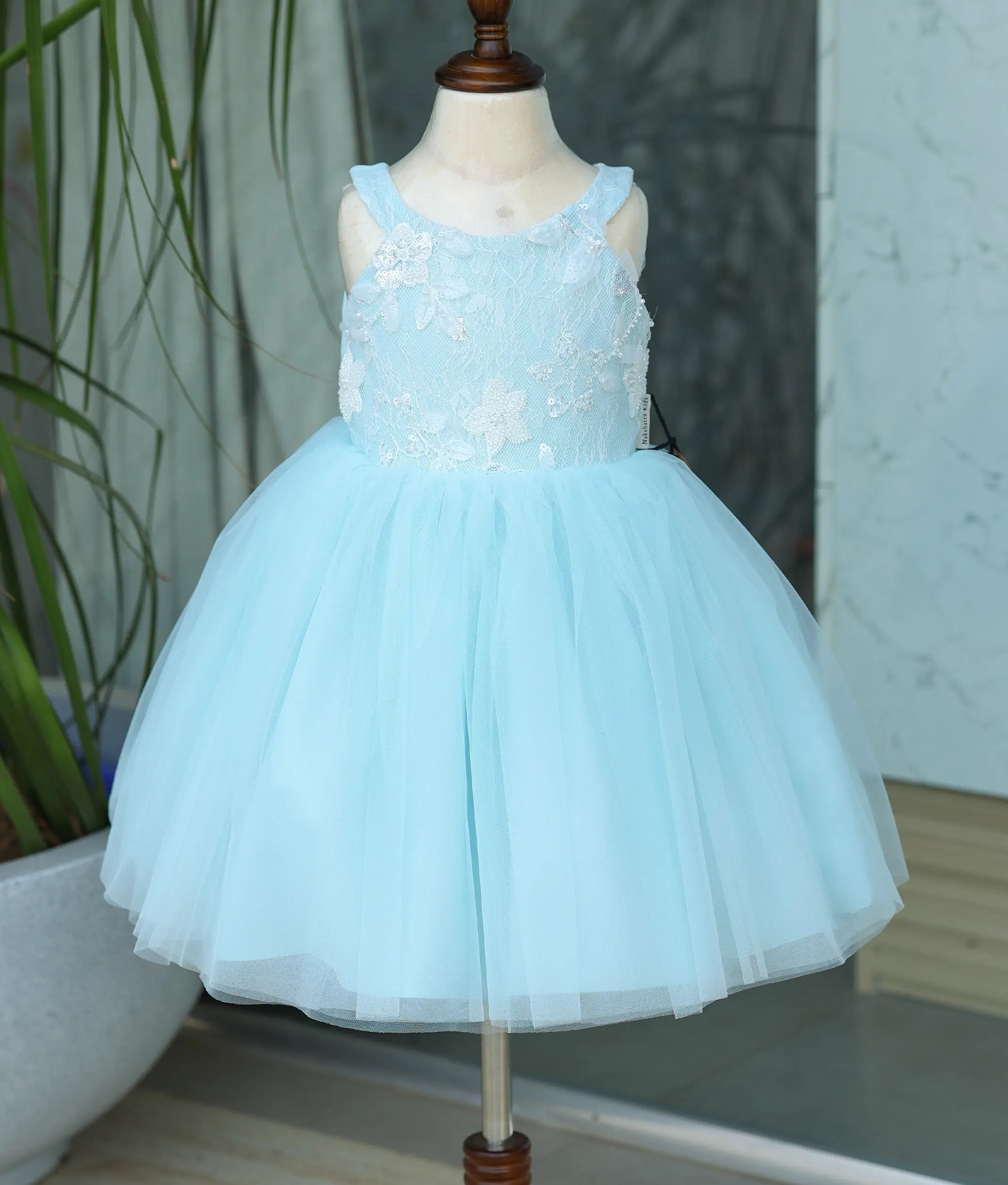Powder Blue Floral Work Material Birthday Frock For Baby Girl [Ready To Ship: 6157]