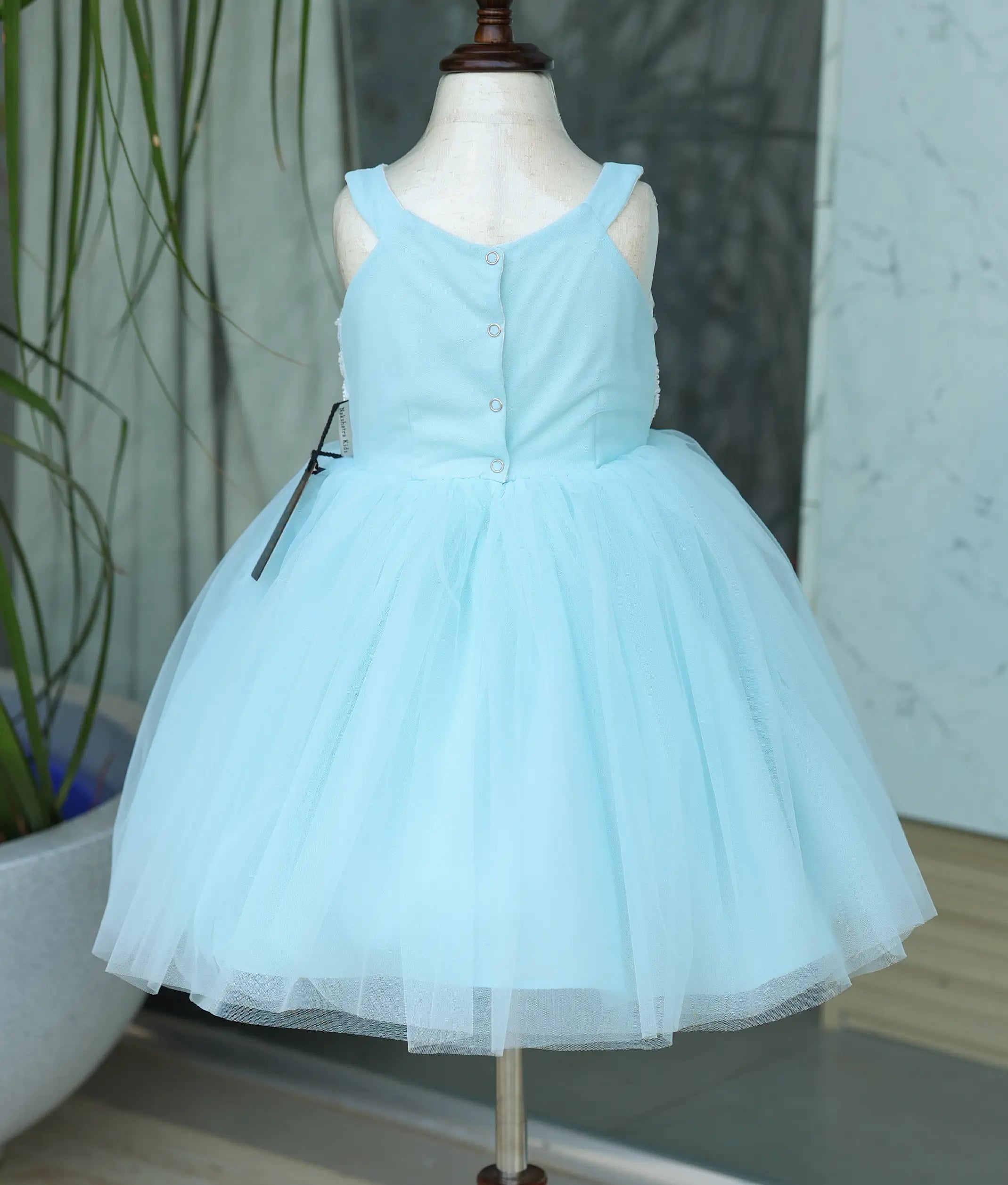 Powder Blue Floral Work Material Birthday Frock For Baby Girl [Ready To Ship: 6157]