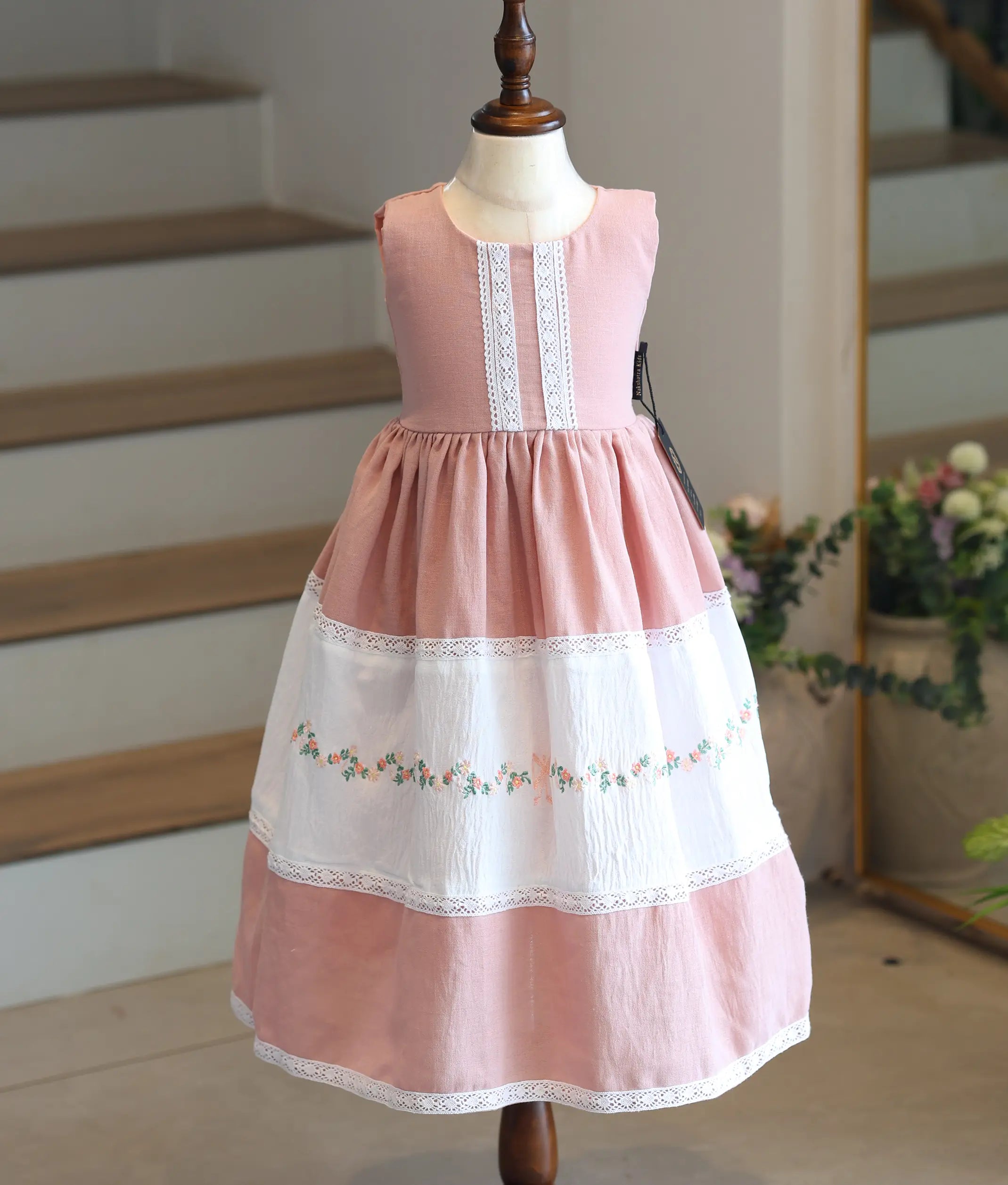 Dusty Pink Linen Embroidered Gown for Baby Girl [6160]