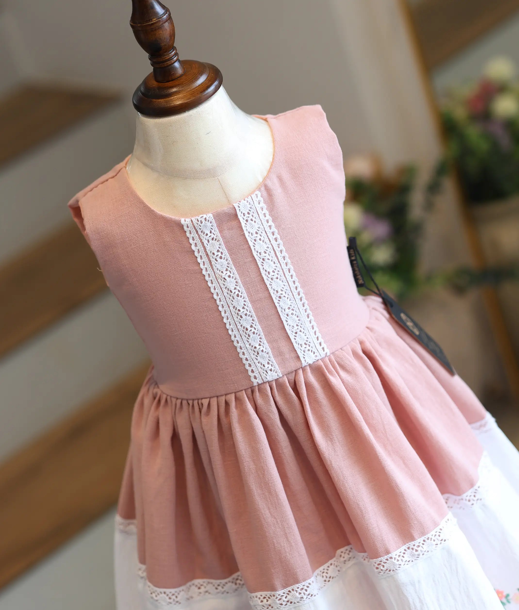 Dusty Pink Linen Embroidered Gown for Baby Girl [6160]