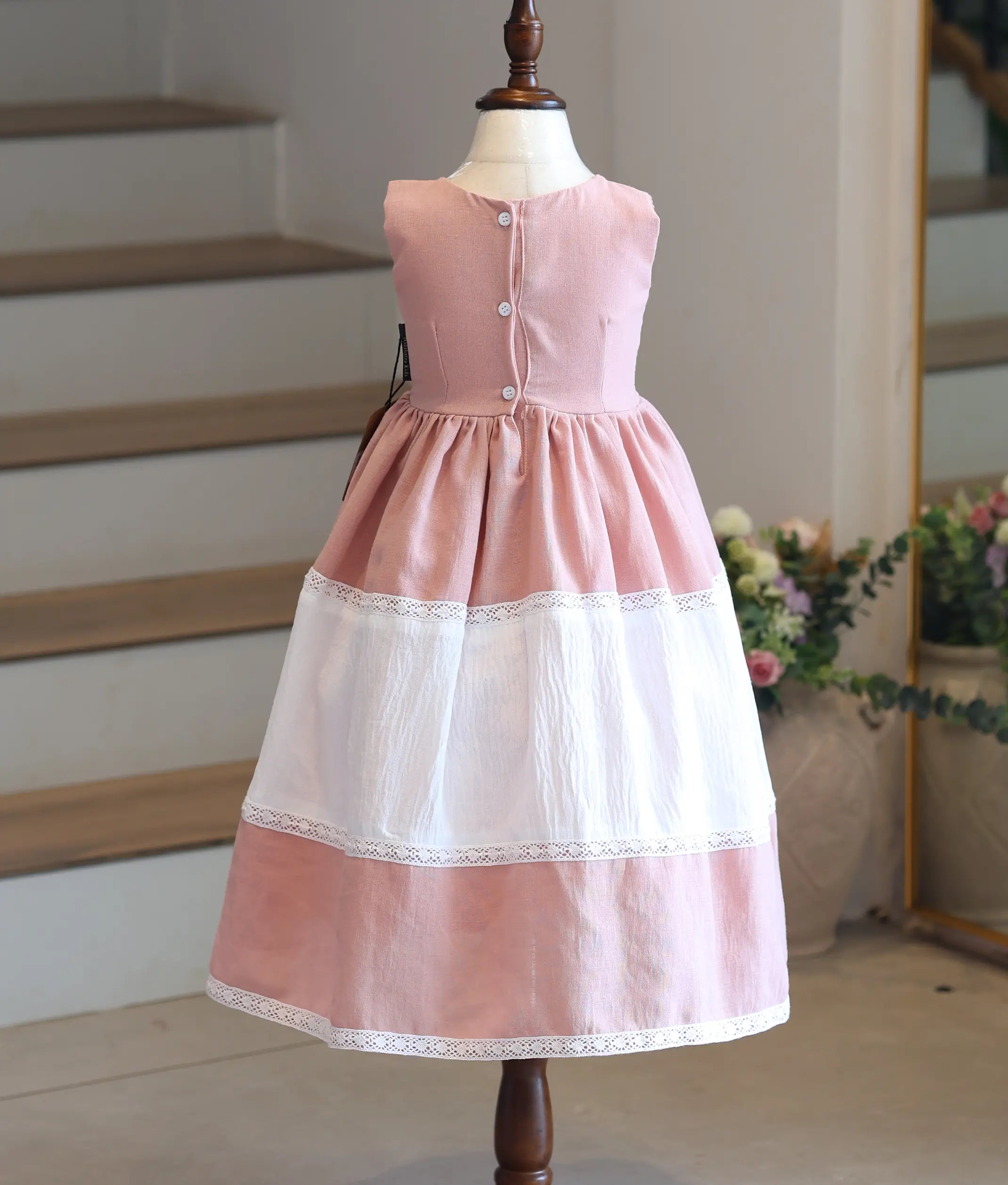 Dusty Pink Linen Embroidered Gown for Baby Girl [6160]