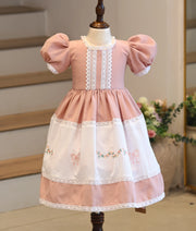 Dusty Pink Linen Embroidered Gown for Baby Girl [6160A]
