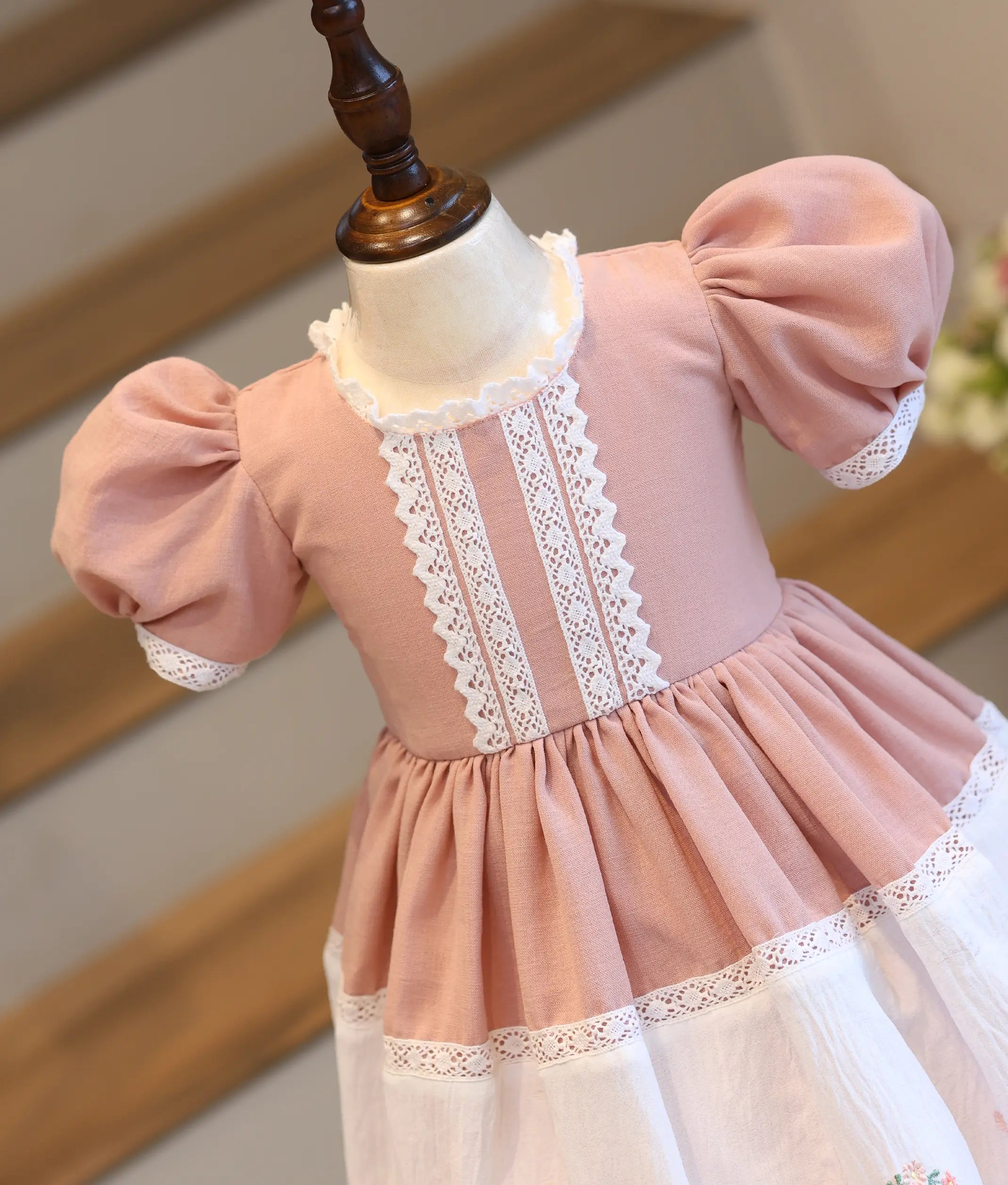 Dusty Pink Linen Embroidered Gown for Baby Girl [6160A]