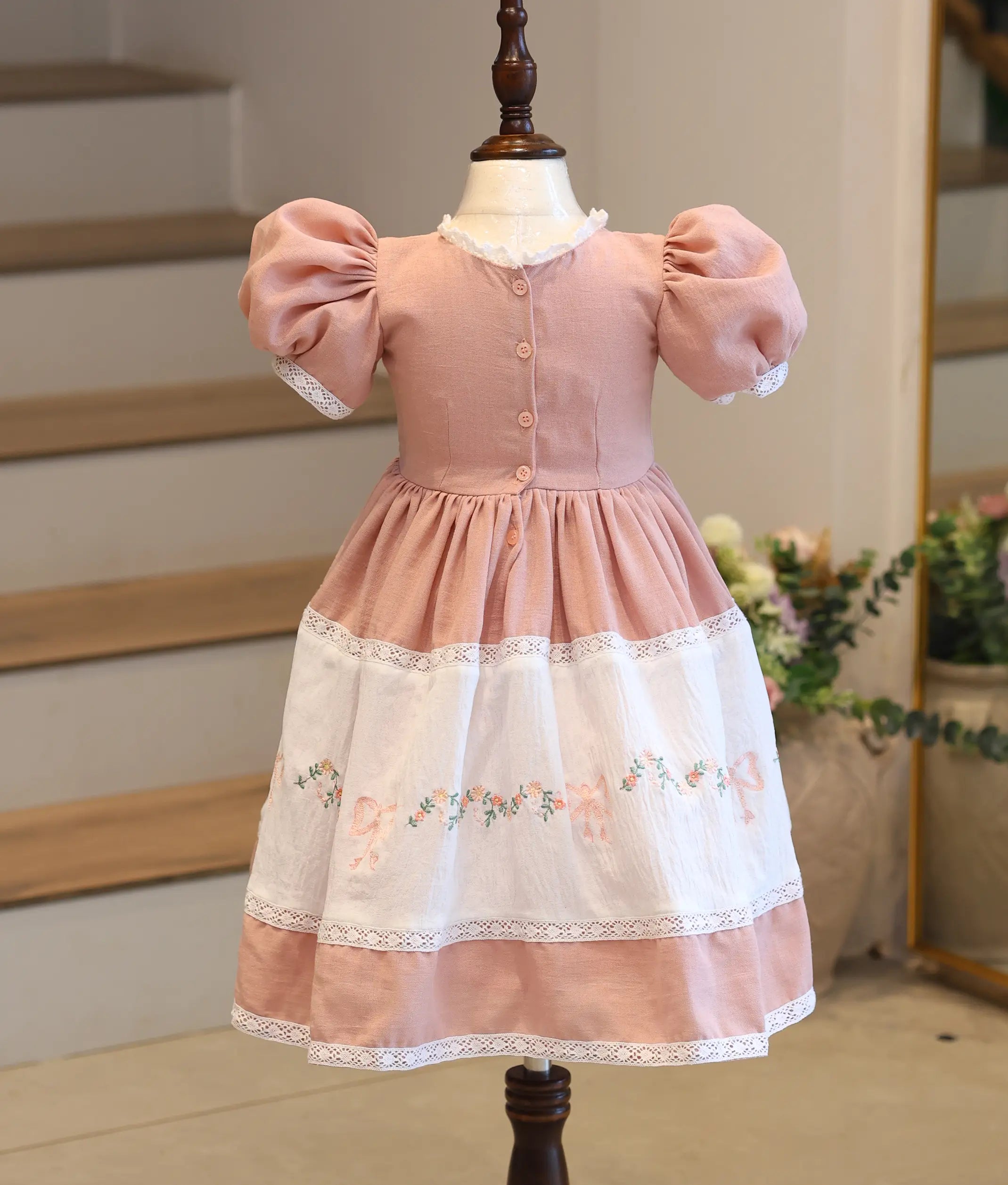 Dusty Pink Linen Embroidered Gown for Baby Girl [6160A]