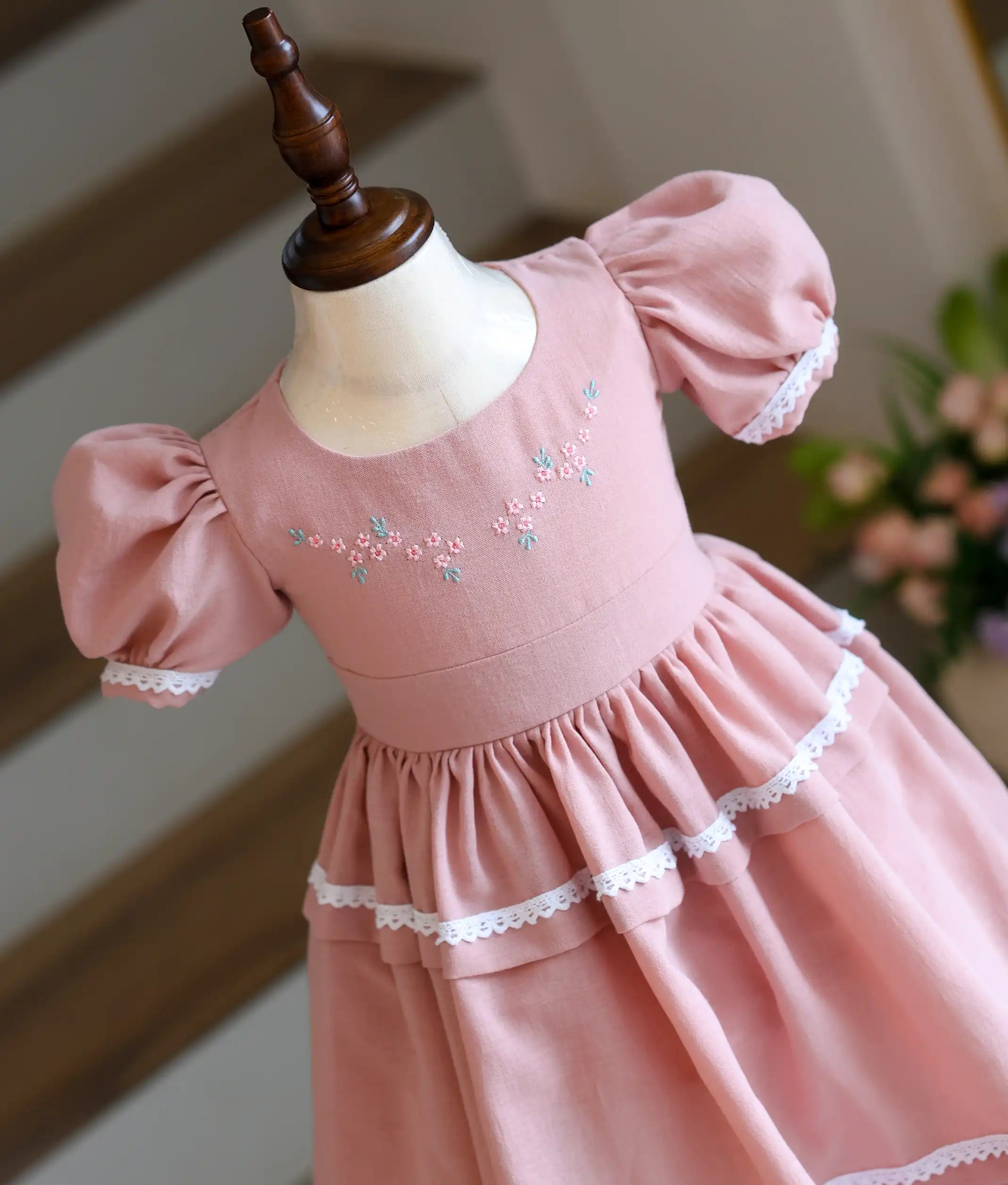 Dusty Pink Cotton-Linen Embroidered Casual Frock For Baby Girl [Ready To Ship: 6162]