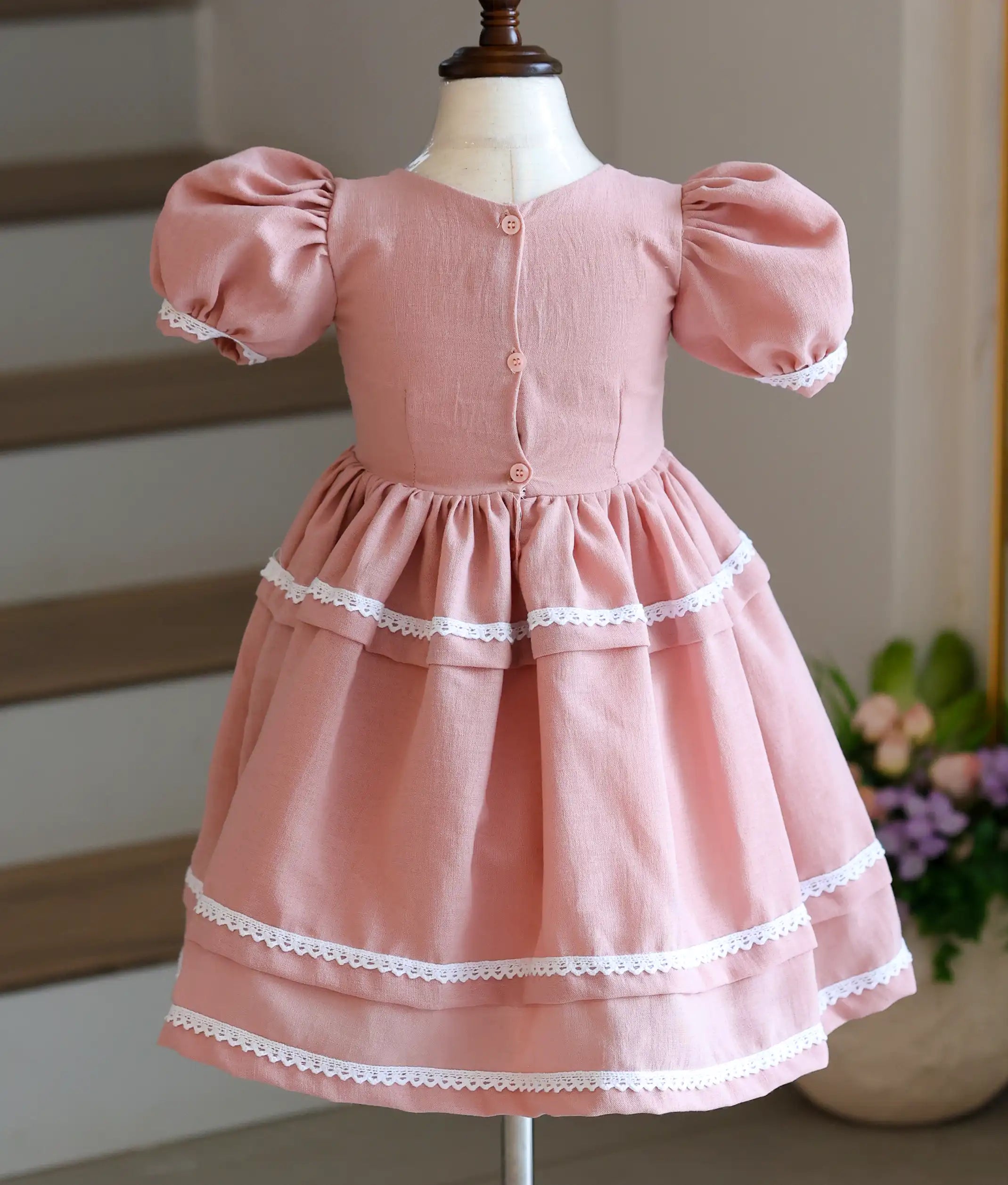 Dusty Pink Cotton-Linen Embroidered Casual Frock For Baby Girl [6162]