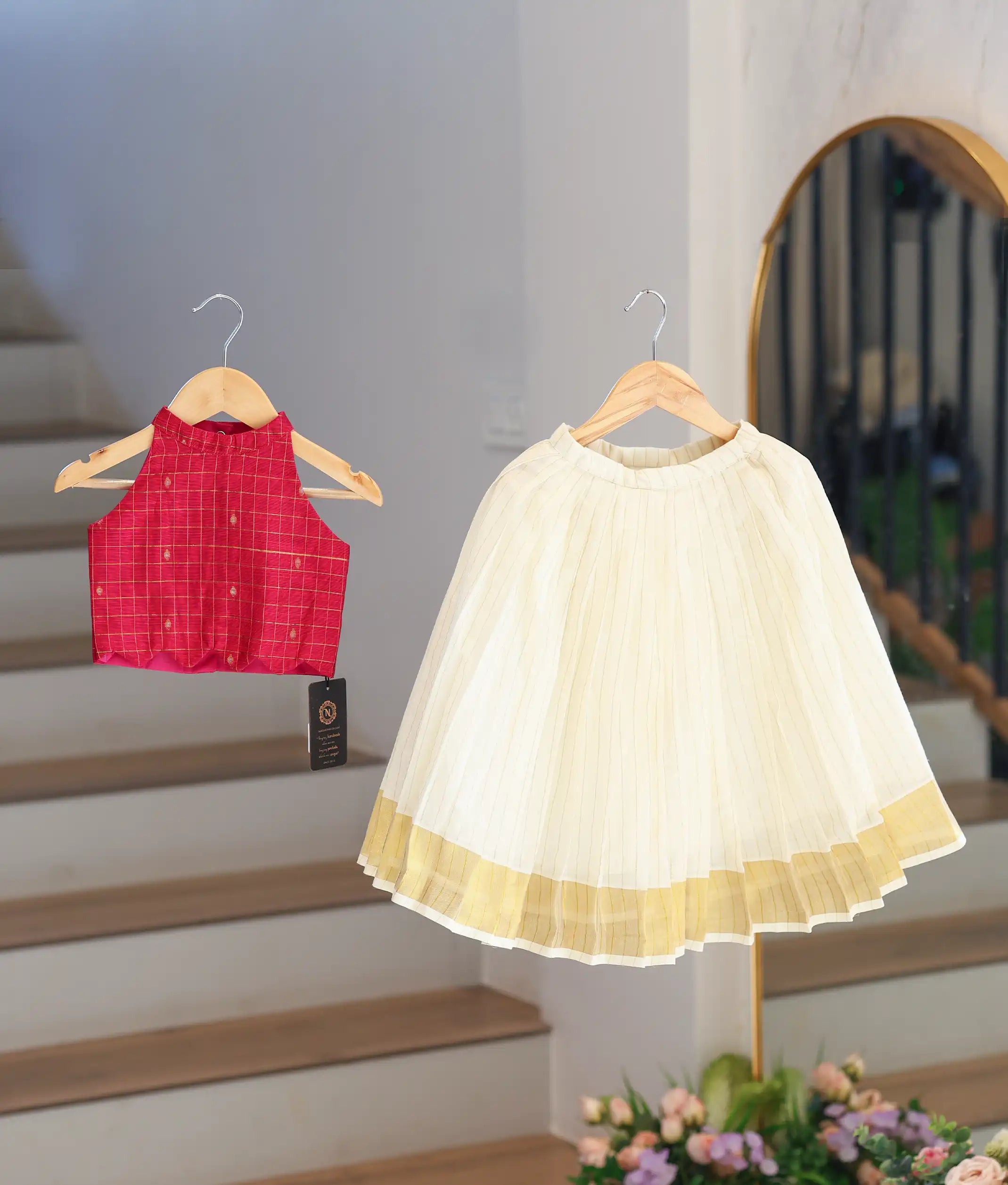 Pink Silk Top with Kasavu Skirt for Baby Girl [6169]