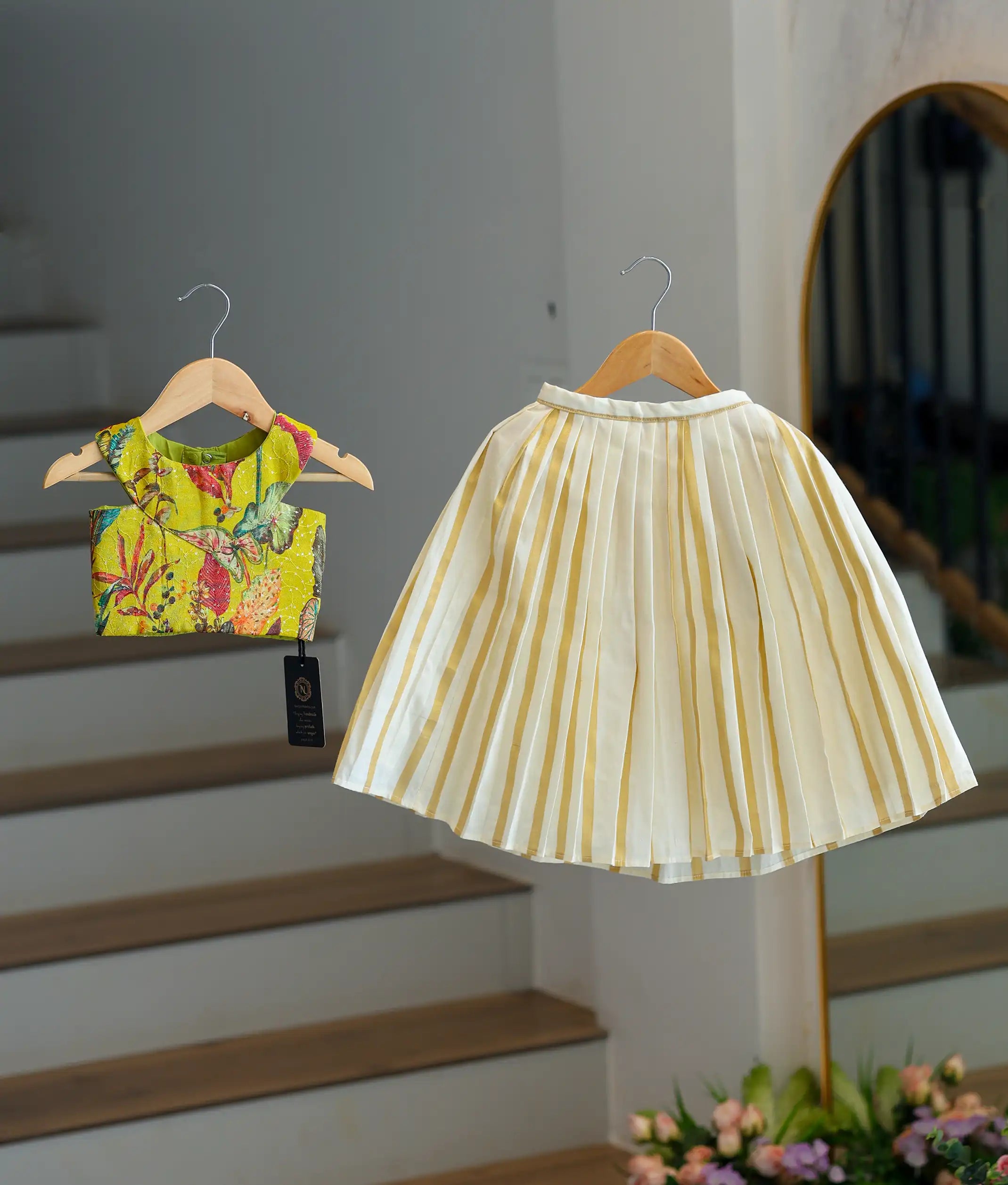 Lemon Green Silk Top with Kasavu Skirt for Baby Girl [6189]