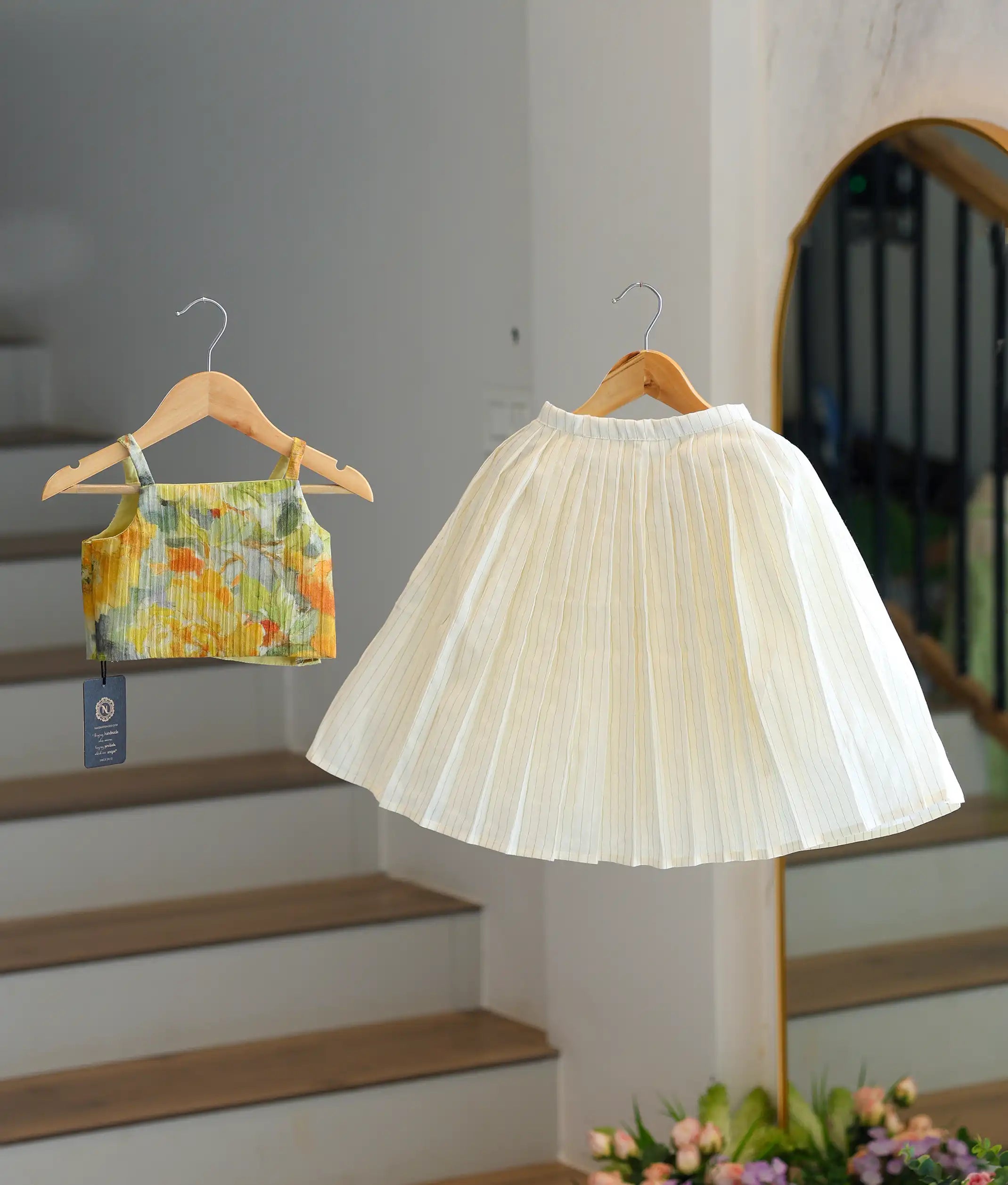 Yellow Crush Georgette Top with Striped Skirt for Baby Girl [6193]