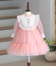 Powder Peach Tulle Net Handworked Birthday Frock for Baby Girl [6197]