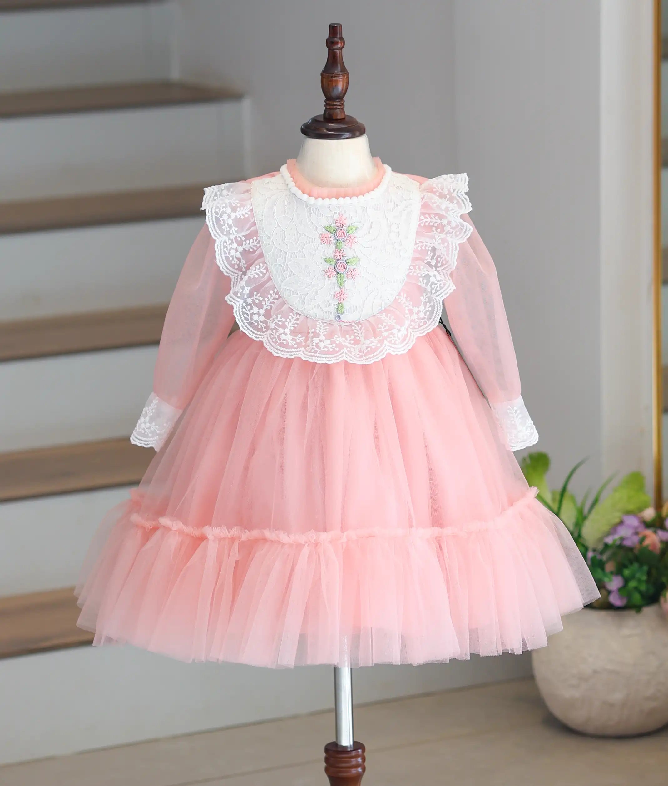 Powder Peach Tulle Net Handworked Birthday Frock for Baby Girl [6197]