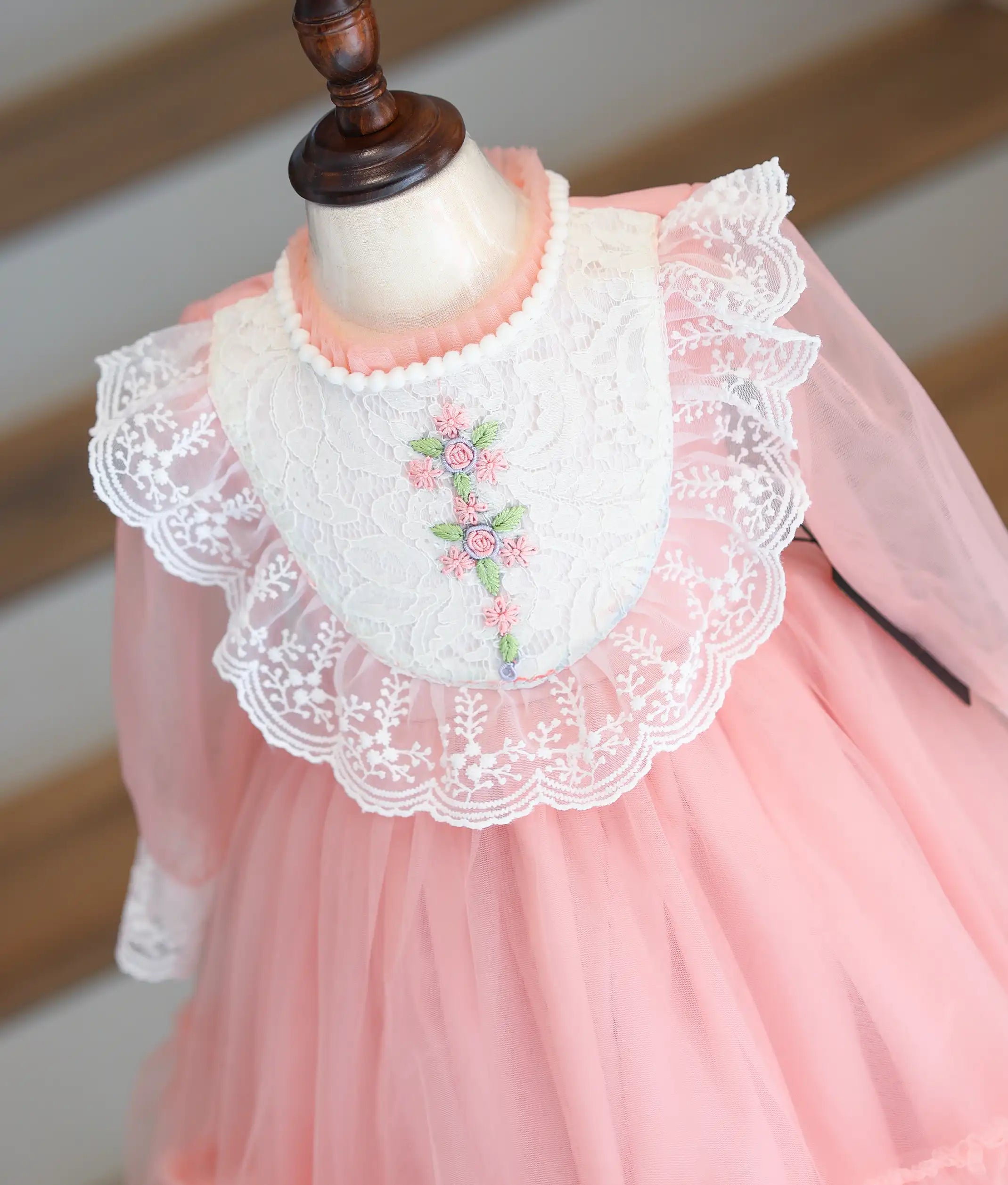Powder Peach Tulle Net Handworked Birthday Frock for Baby Girl [6197]