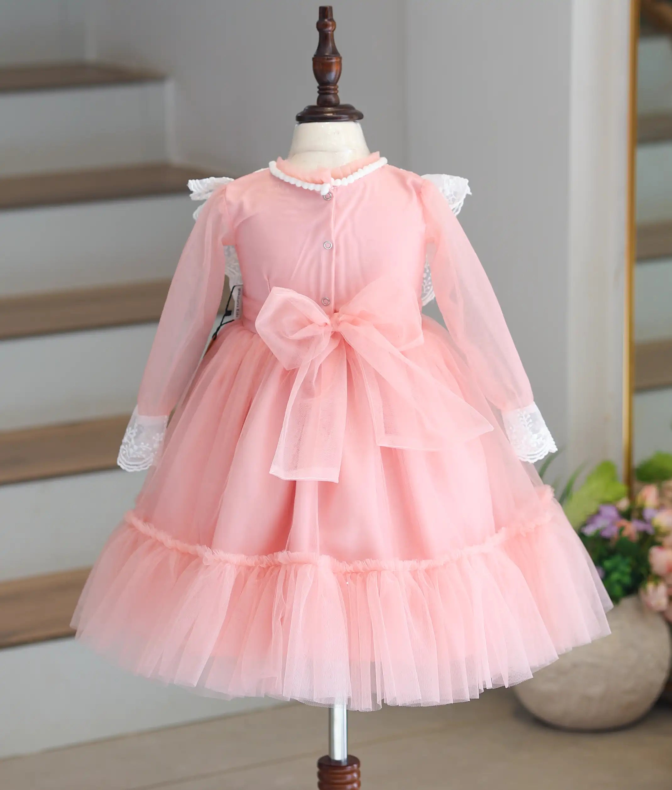 Powder Peach Tulle Net Handworked Birthday Frock for Baby Girl [6197]