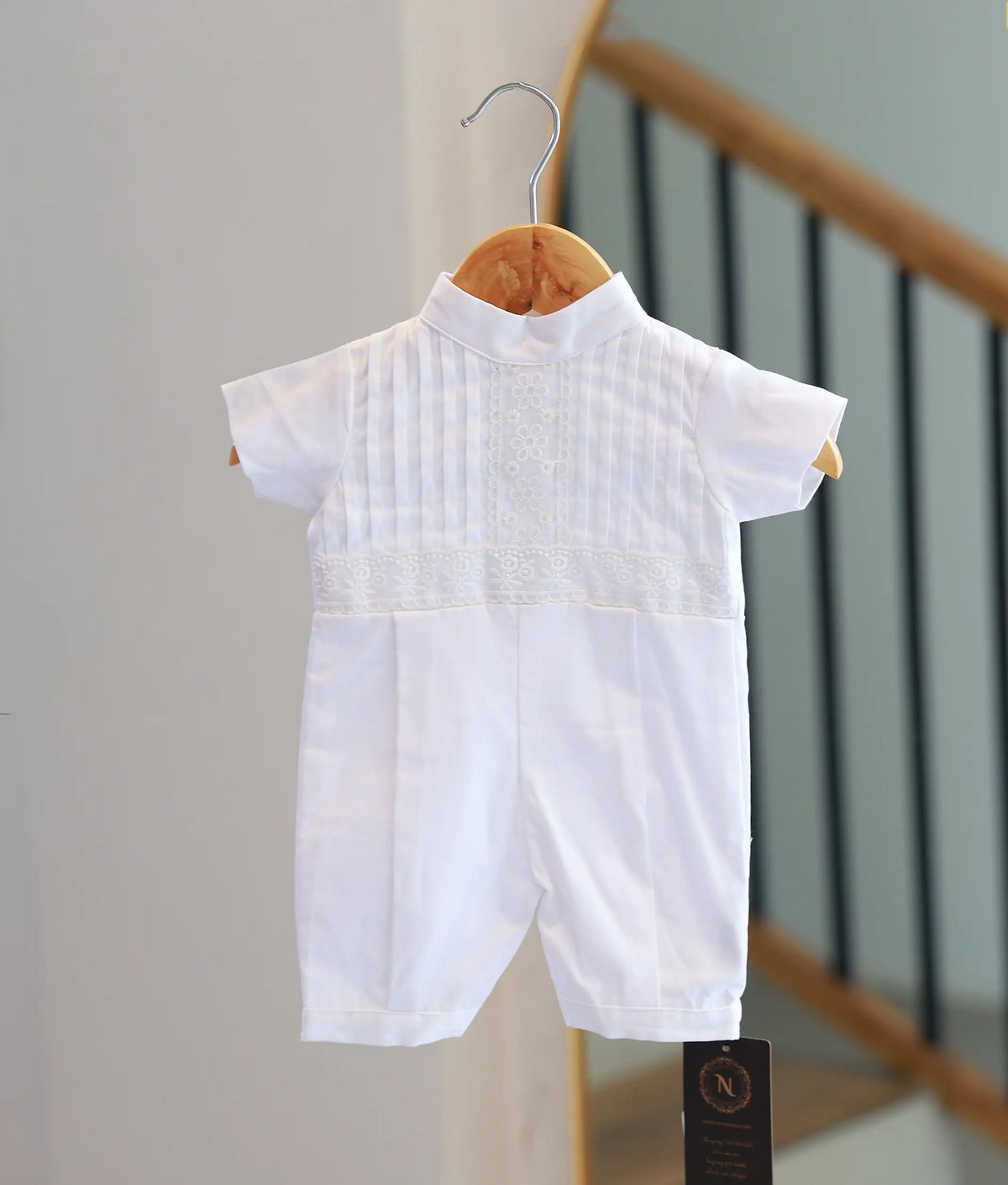 Off White Cotton Baptism Romper For Baby Boy [BB116]