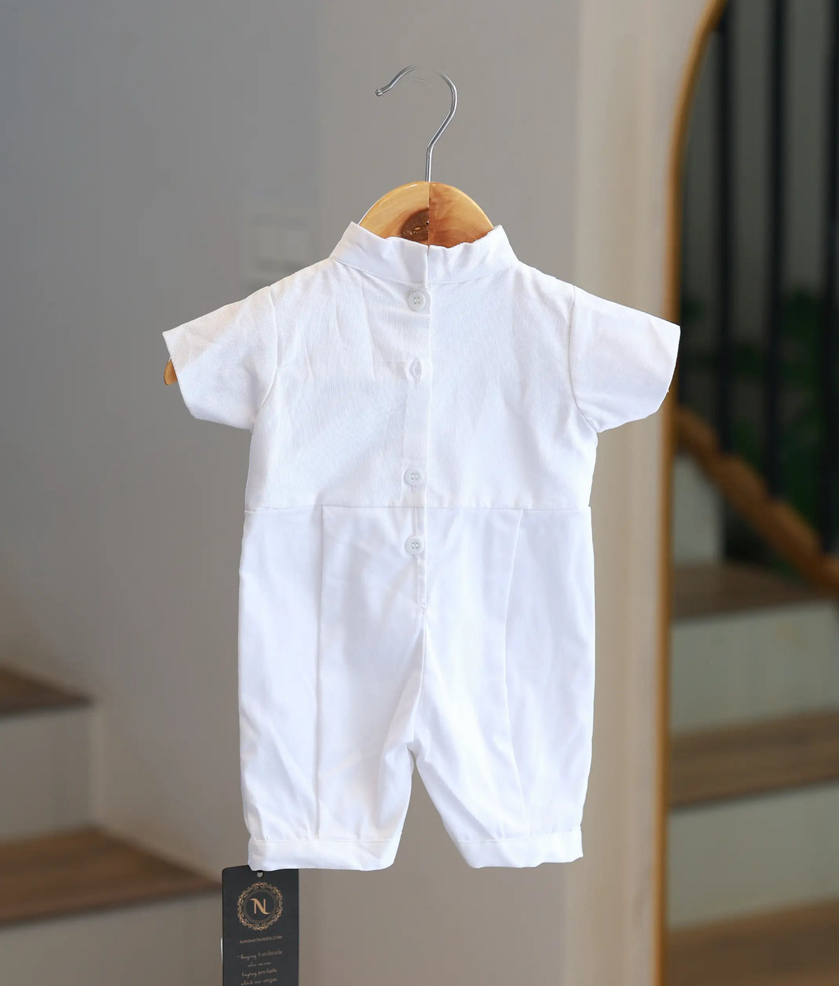 Off White Cotton Baptism Romper For Baby Boy [BB116]