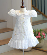 Off White Linen Embroidered A-Line Frock for Baby Girl [6205]