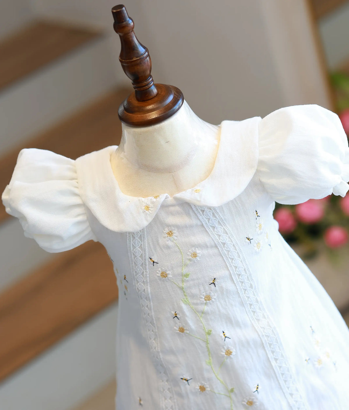 Off White Linen Embroidered A-Line Frock for Baby Girl [6205]
