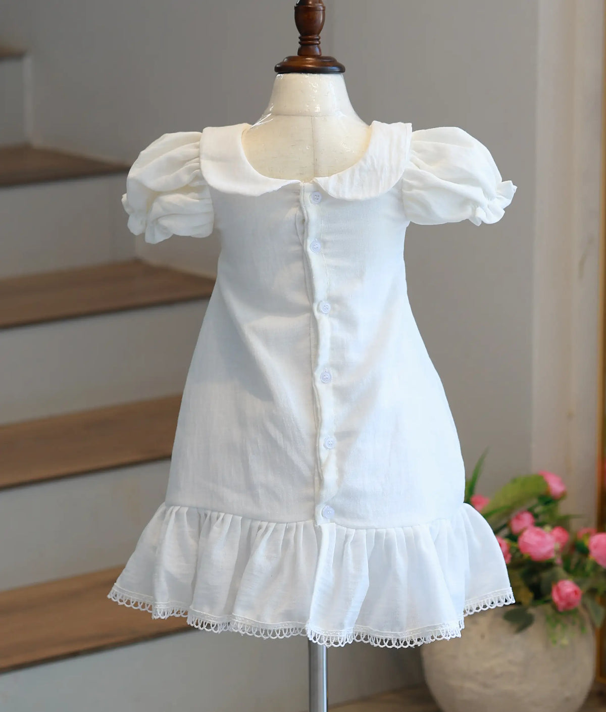 Off White Linen Embroidered A-Line Frock for Baby Girl [6205]