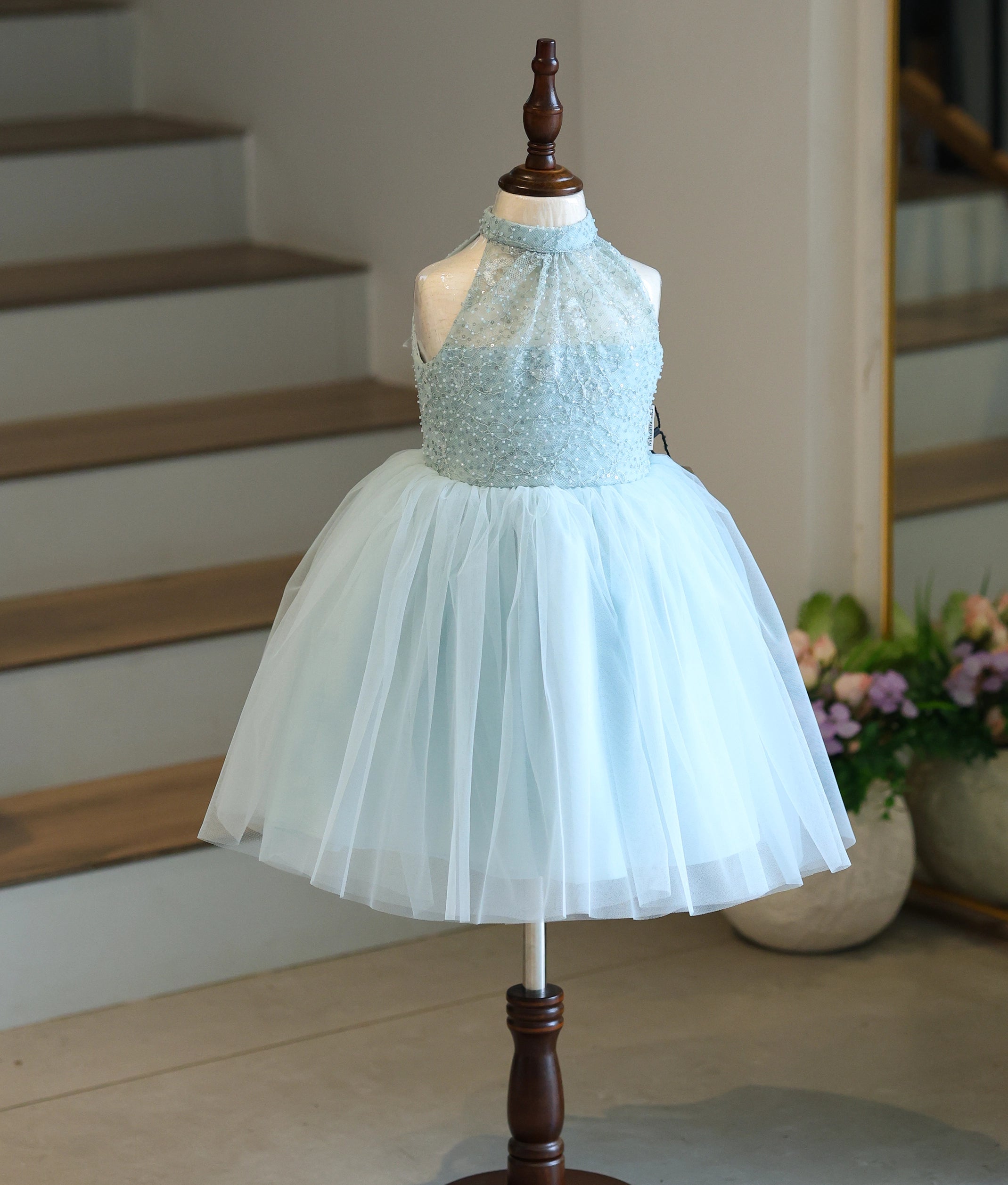 Pastel Blue Tulle Net And Work Material Birthday Frock For Baby Girl [Ready To Ship: 6206]