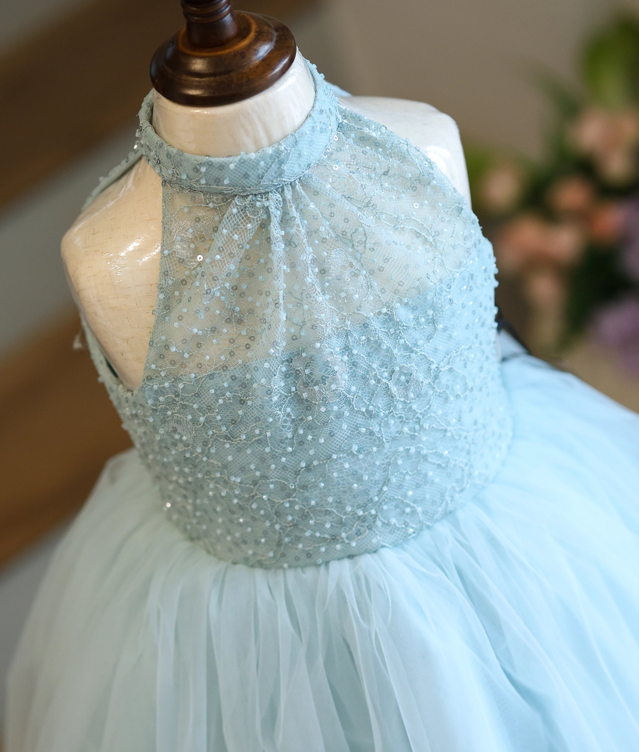 Pastel Blue Tulle Net And Work Material Birthday Frock For Baby Girl [Ready To Ship: 6206]