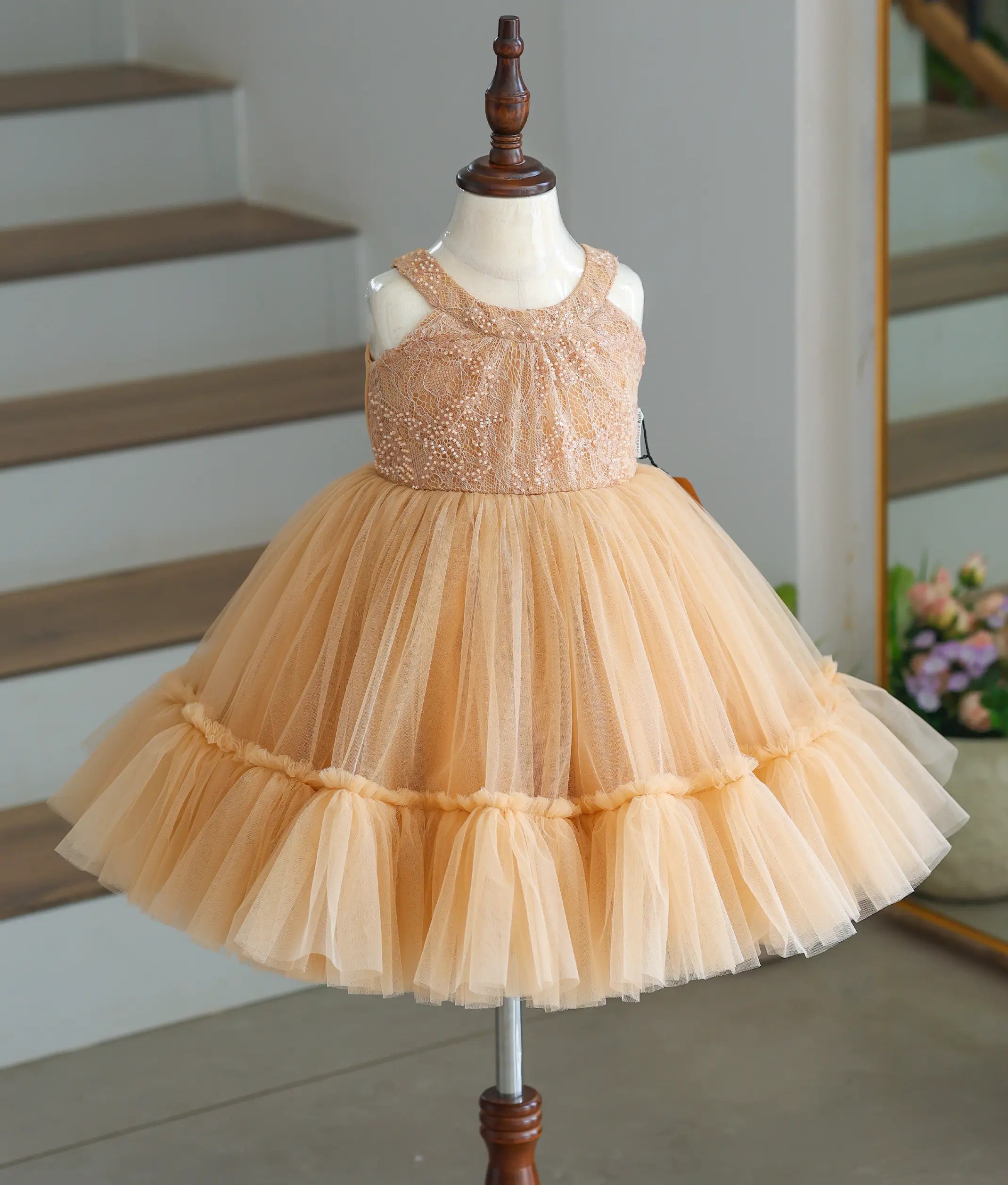 Golden Tulle Net And Work Material Birthday Frock For Baby Girl [Ready To Ship: 6208]