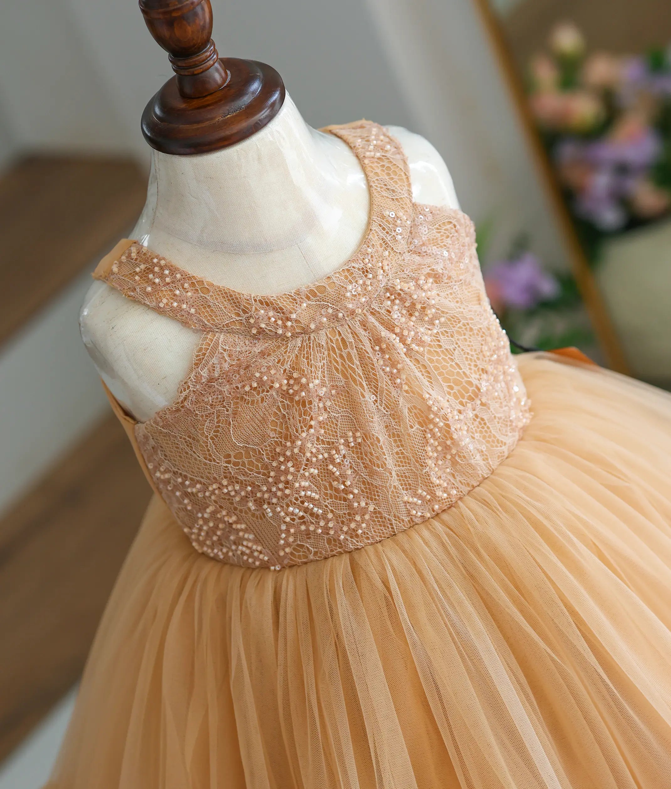 Golden Tulle Net And Work Material Birthday Frock For Baby Girl [Ready To Ship: 6208]