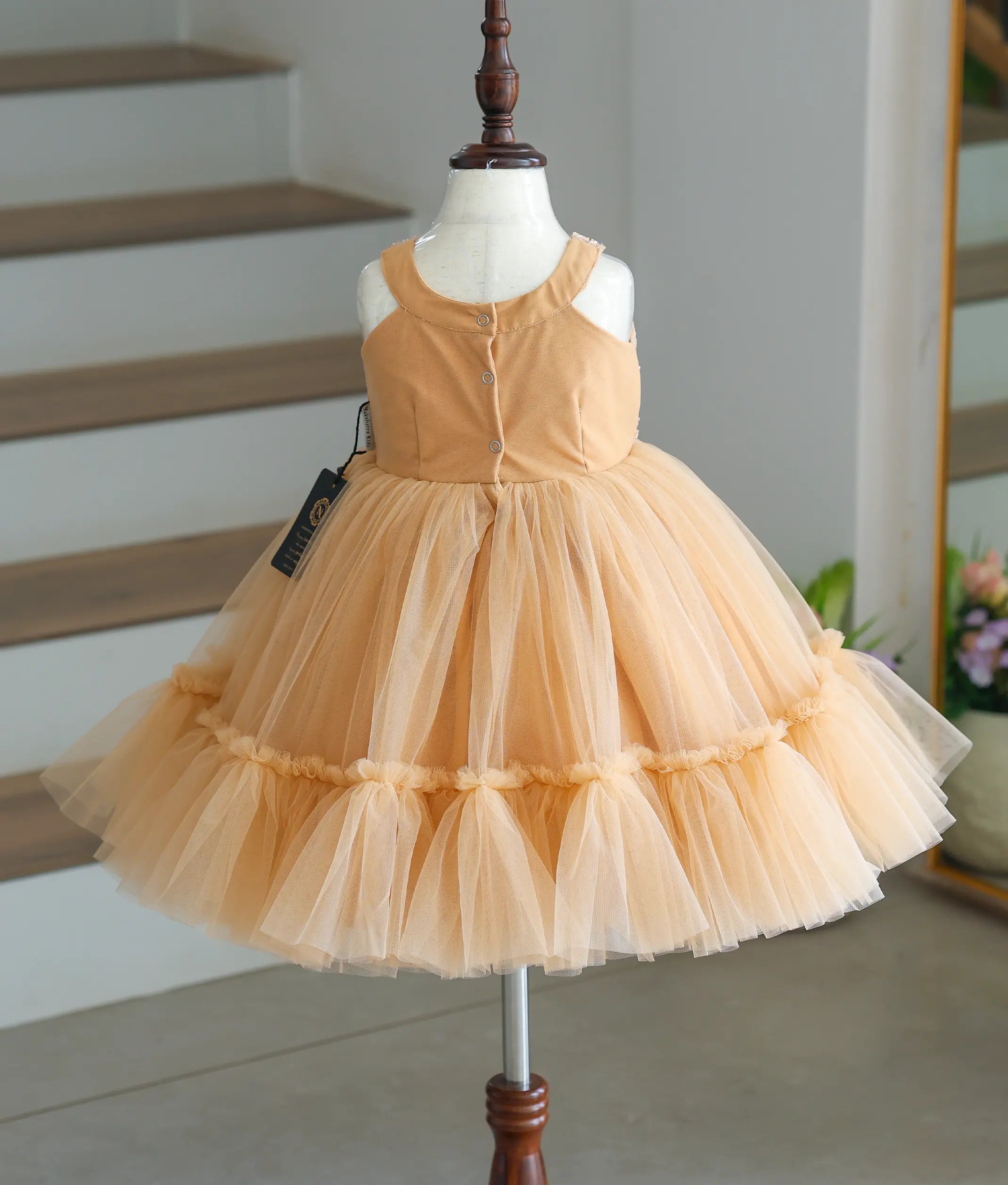 Golden Tulle Net and Work Material Birthday Frock for Baby Girl [6208]