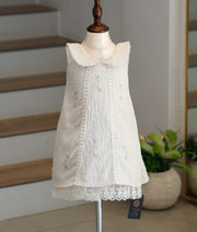 Ivory Linen Embroidered A-Line Frock for Baby Girl [6210]