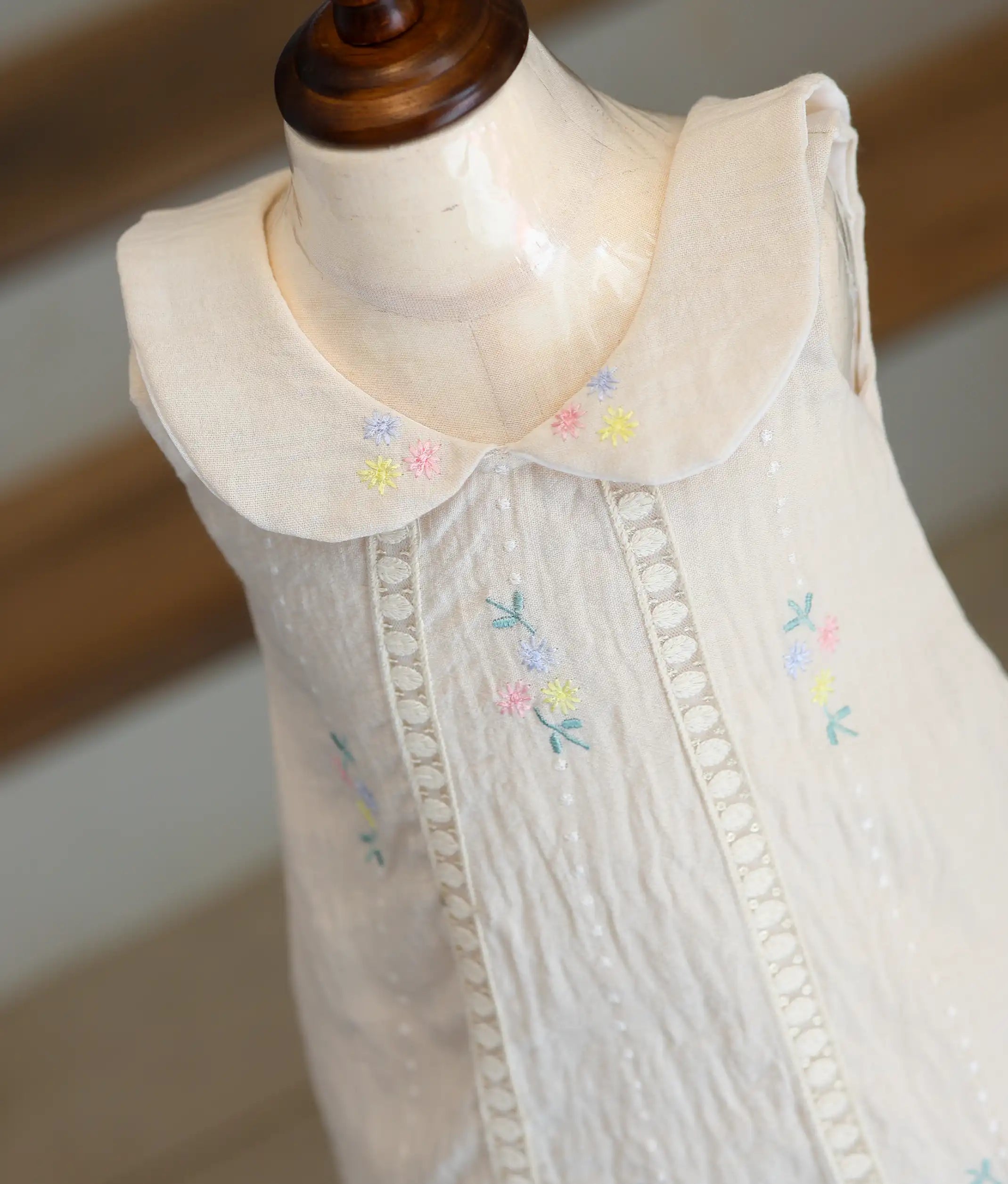 Ivory Linen Embroidered A-Line Frock for Baby Girl [6210]