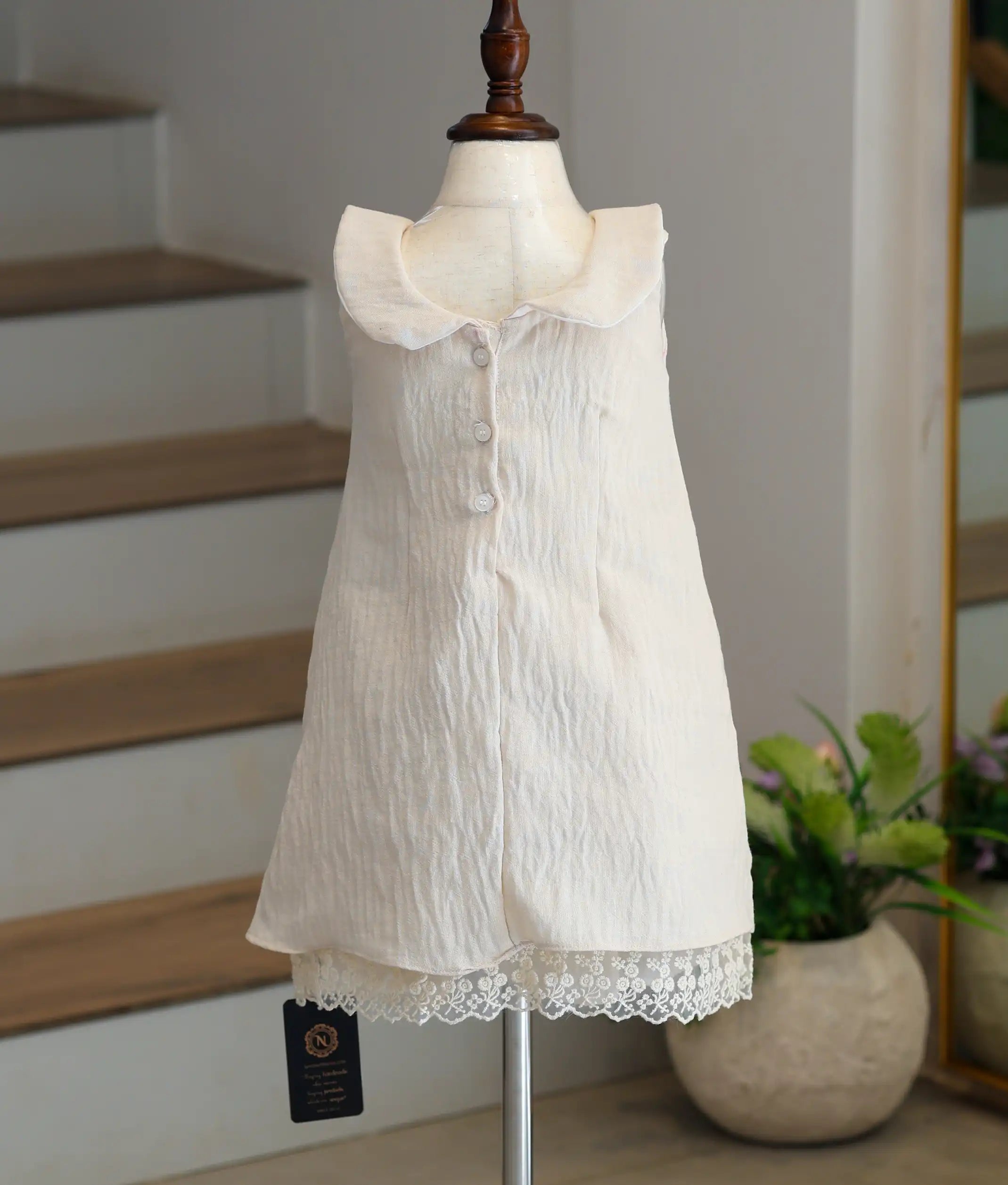 Ivory Linen Embroidered A-Line Frock for Baby Girl [6210]