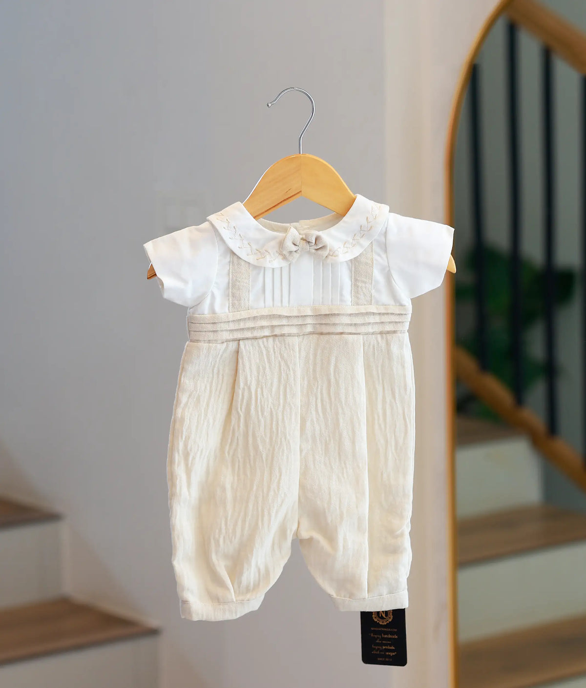 Off White and Beige Linen Baptism Romper for Baby Boy [BB110]