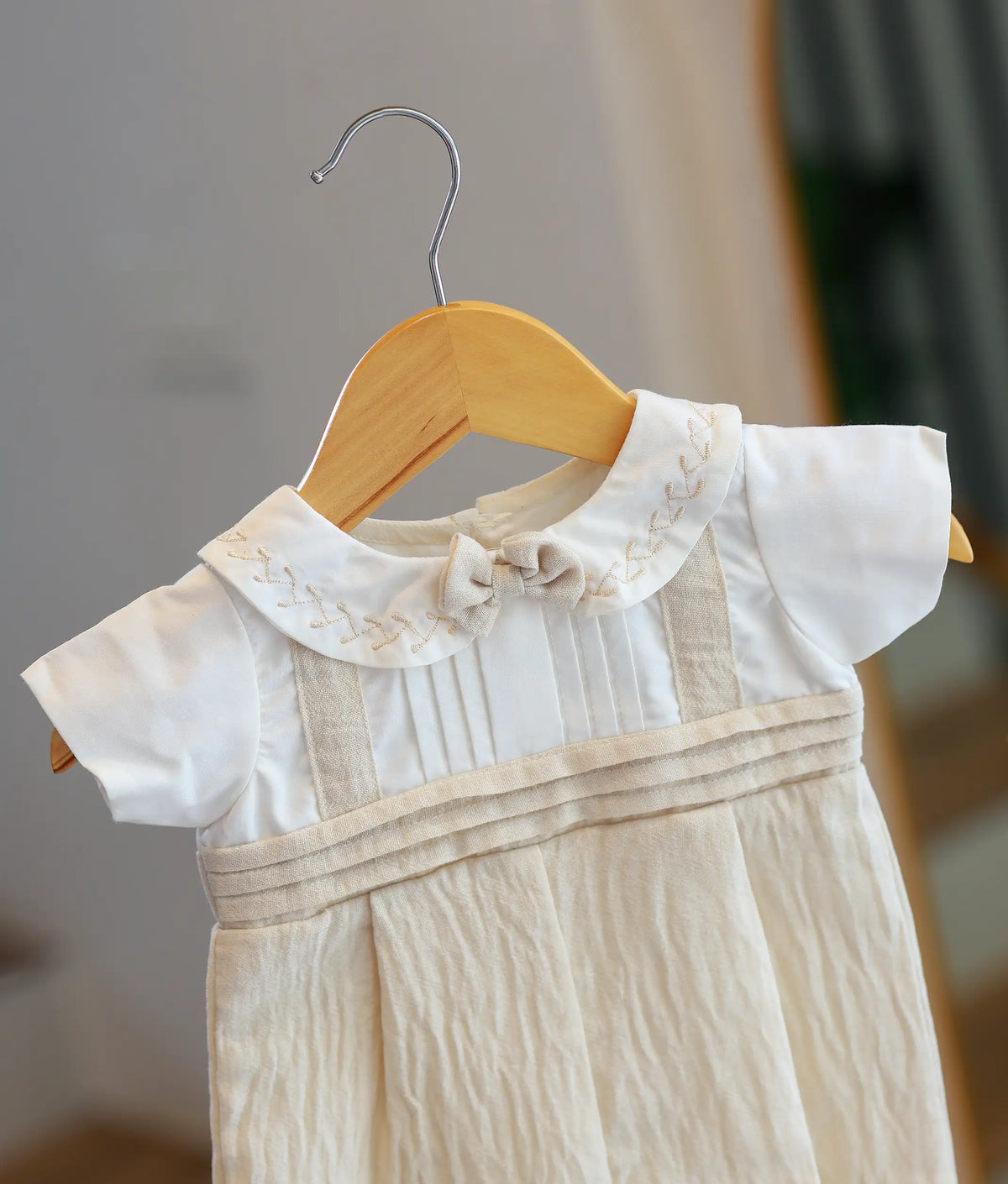 Off White and Beige Linen Baptism Romper for Baby Boy [BB110]