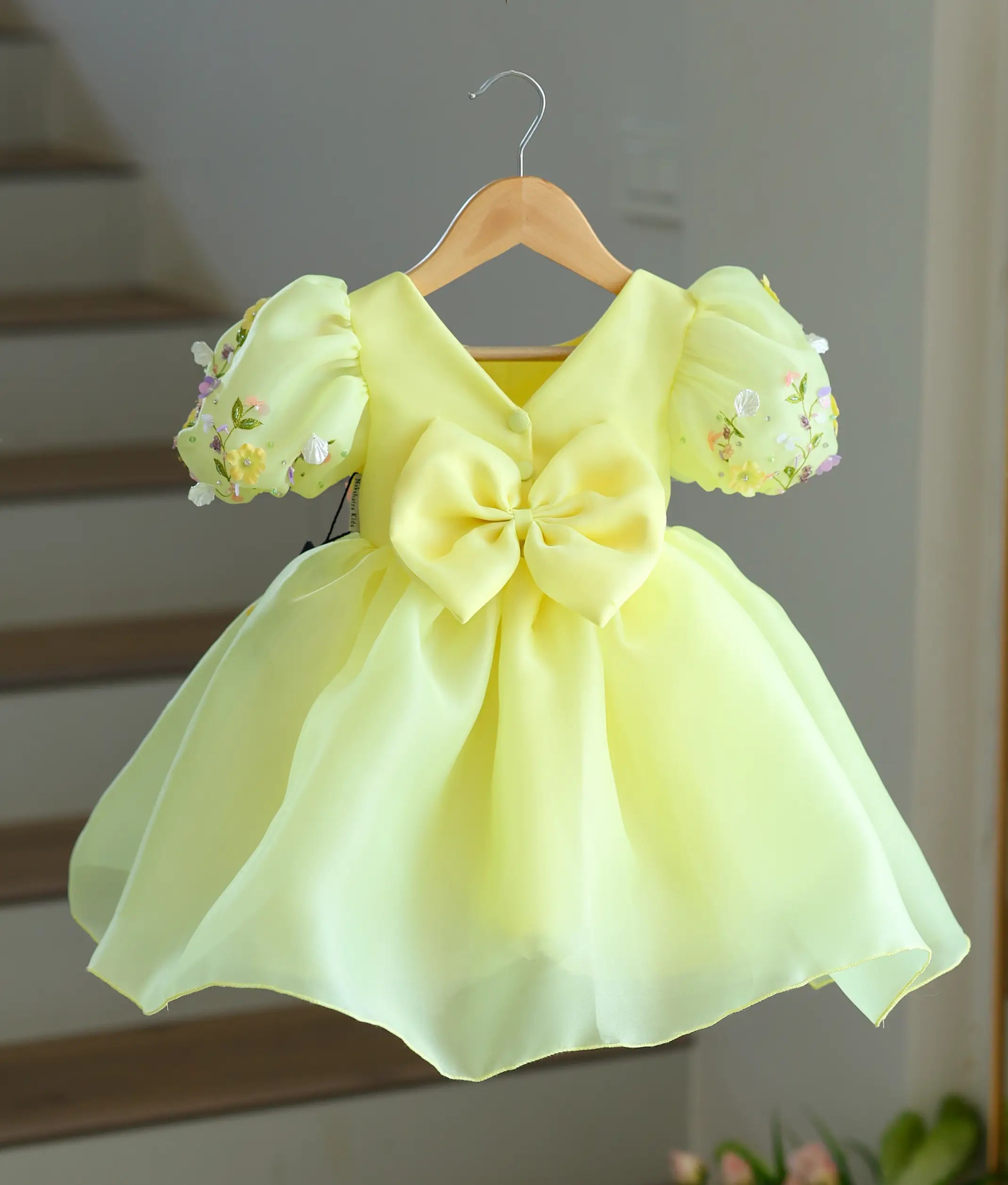 Yellow Plain Organza Flower Theme Birthday Frock For Baby Girl [Pre Order: 6219]